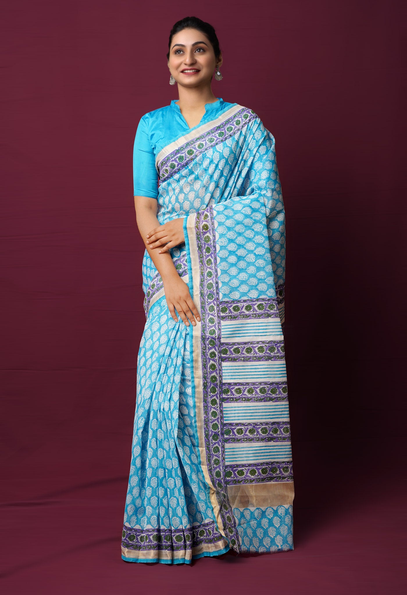 Blue Dyed Printed Chanderi Sico Saree-UNM72266