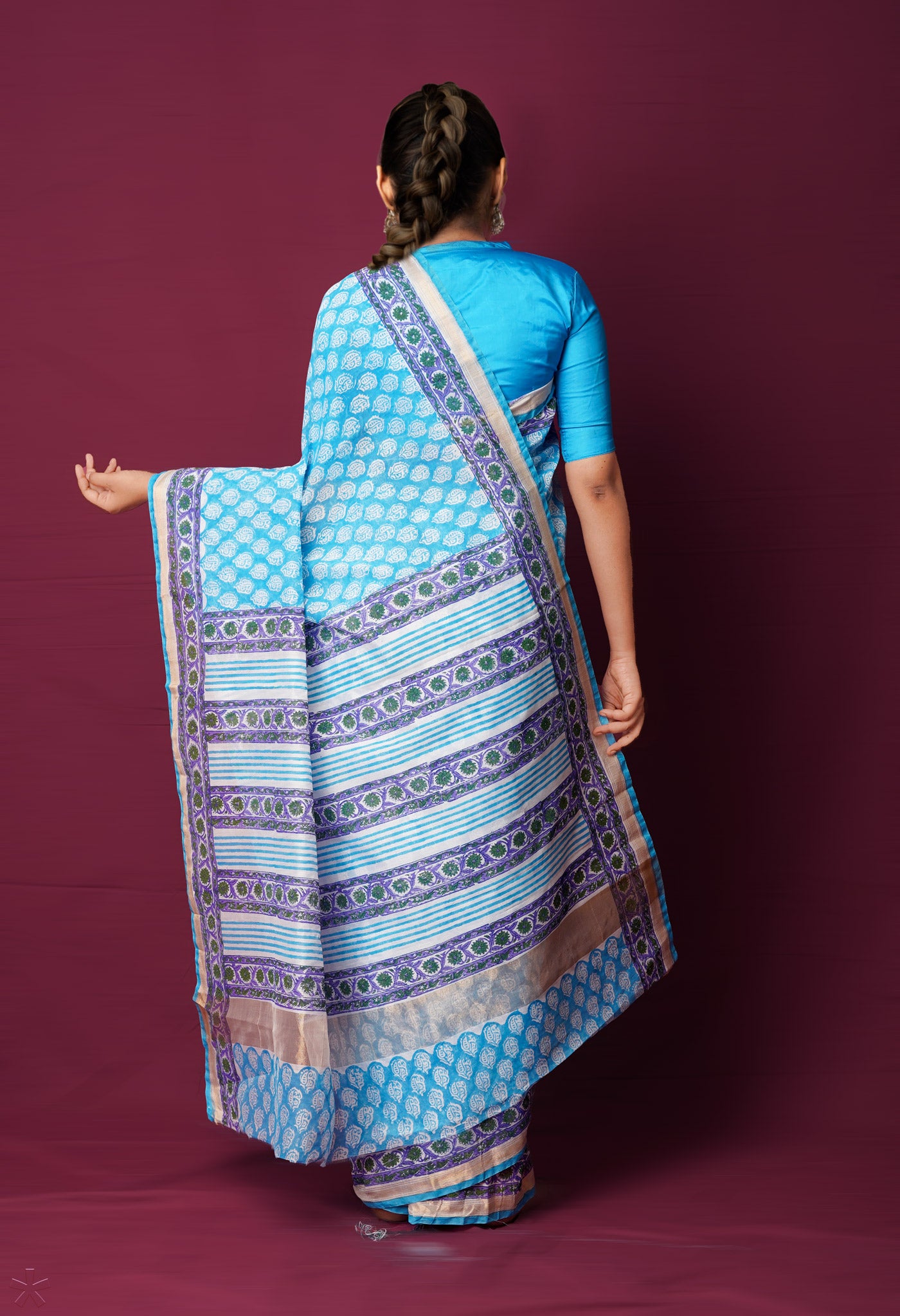 Blue Dyed Printed Chanderi Sico Saree-UNM72266
