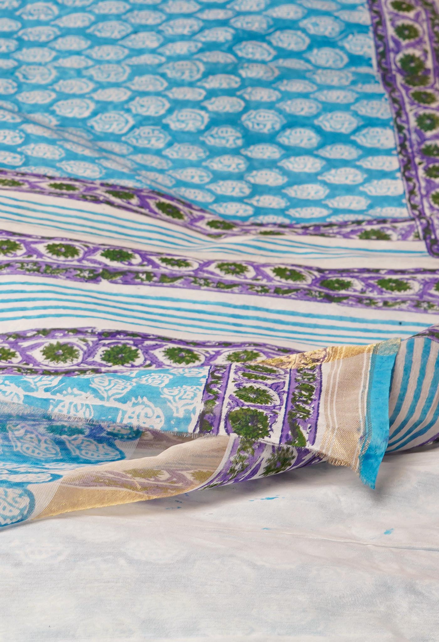 Blue Dyed Printed Chanderi Sico Saree-UNM72266
