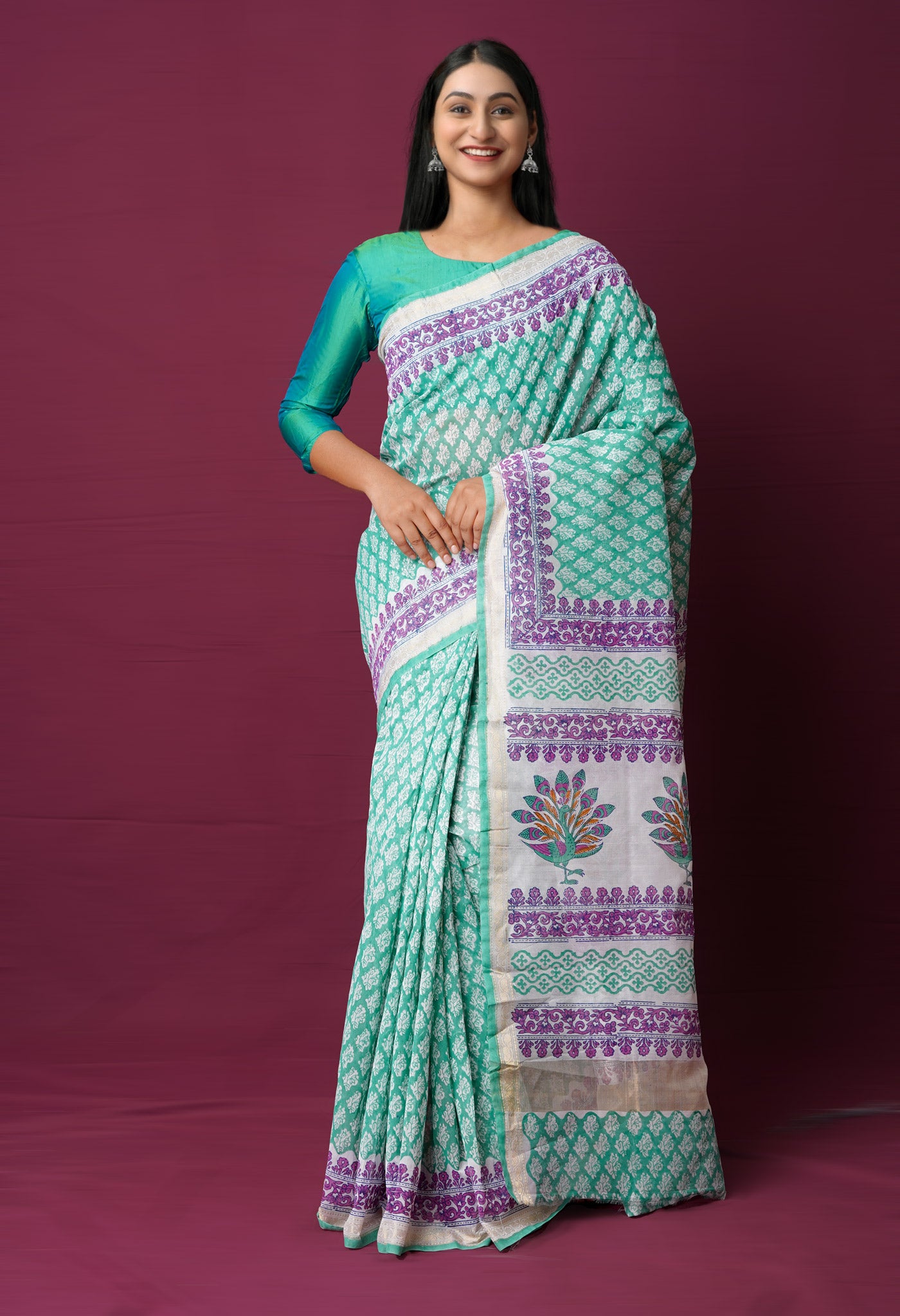 Green Dyed Printed Chanderi Sico Saree