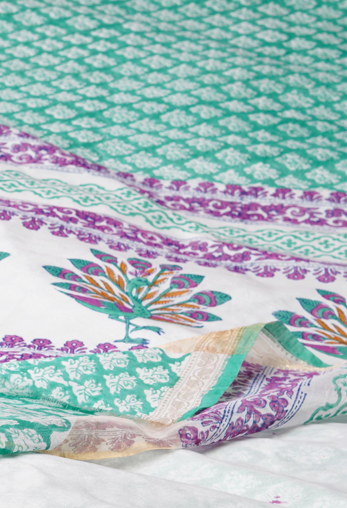 Green Dyed Printed Chanderi Sico Saree
