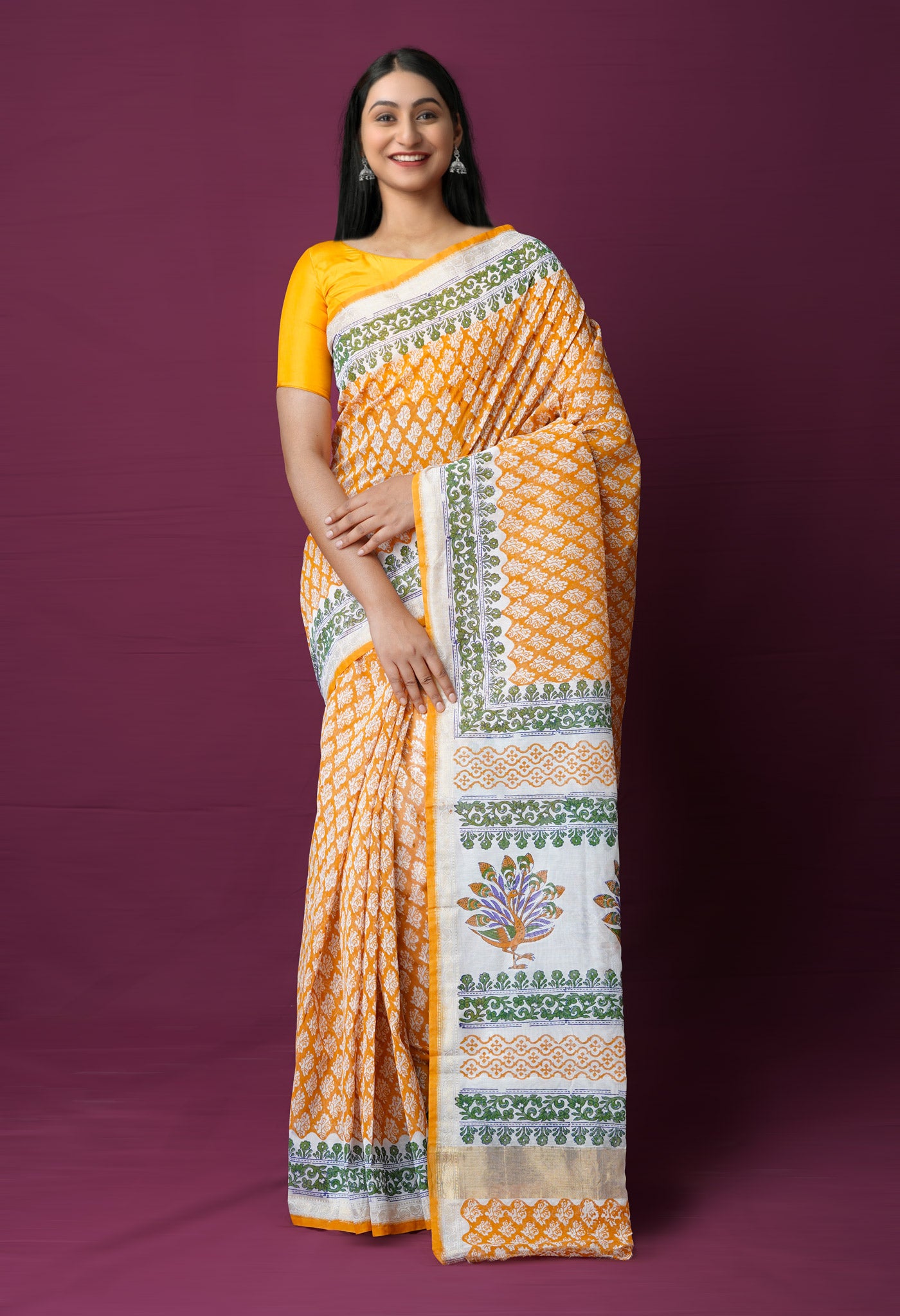 Rust Orange Dyed Printed Chanderi Sico Saree-UNM72270