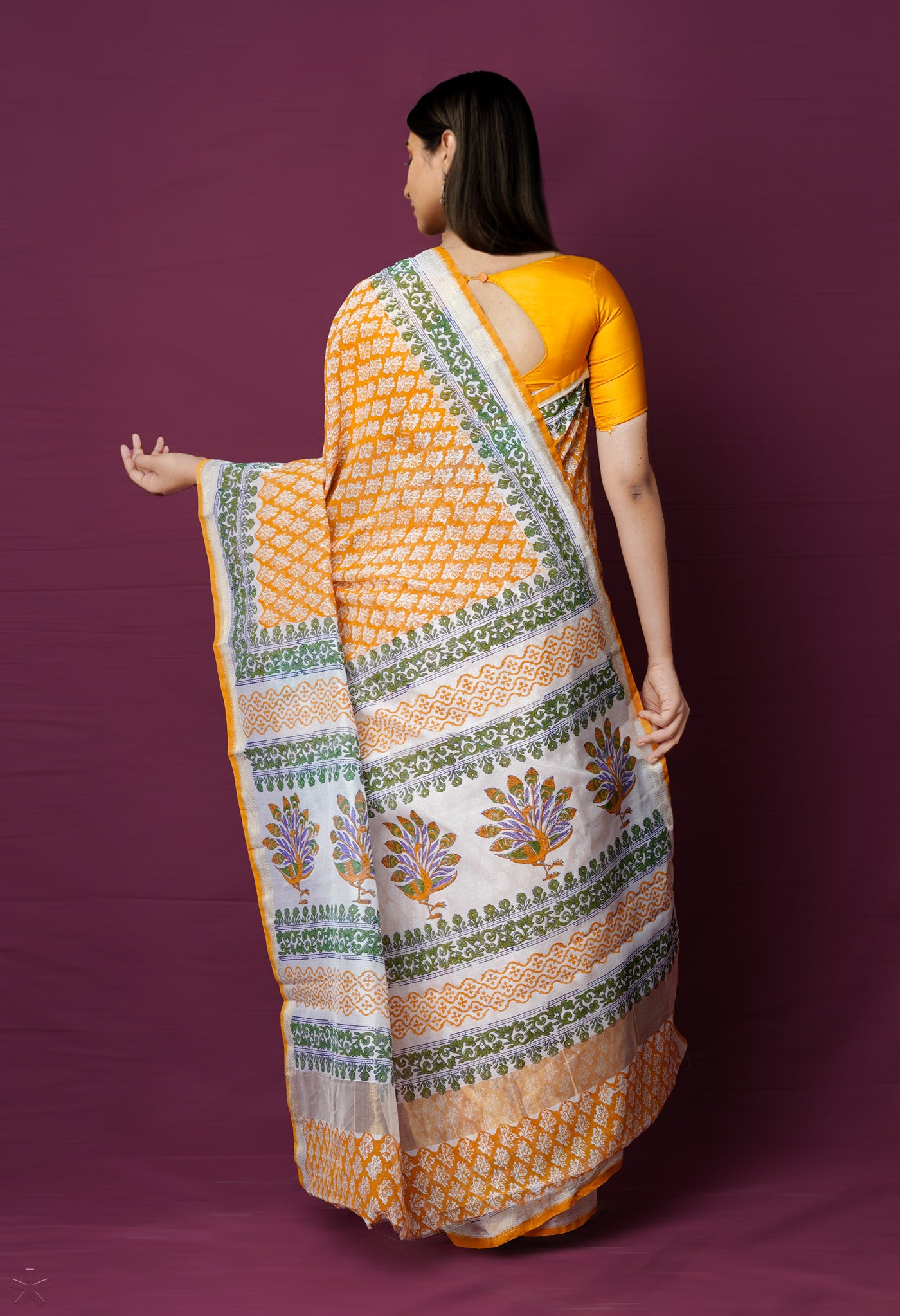 Rust Orange Dyed Printed Chanderi Sico Saree-UNM72270
