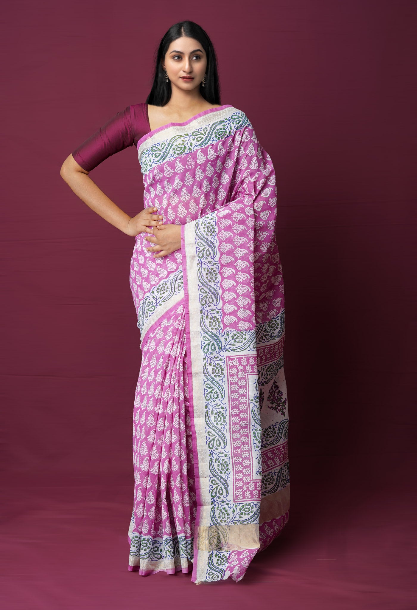 Pink Dyed Printed Chanderi Sico Saree-UNM72276