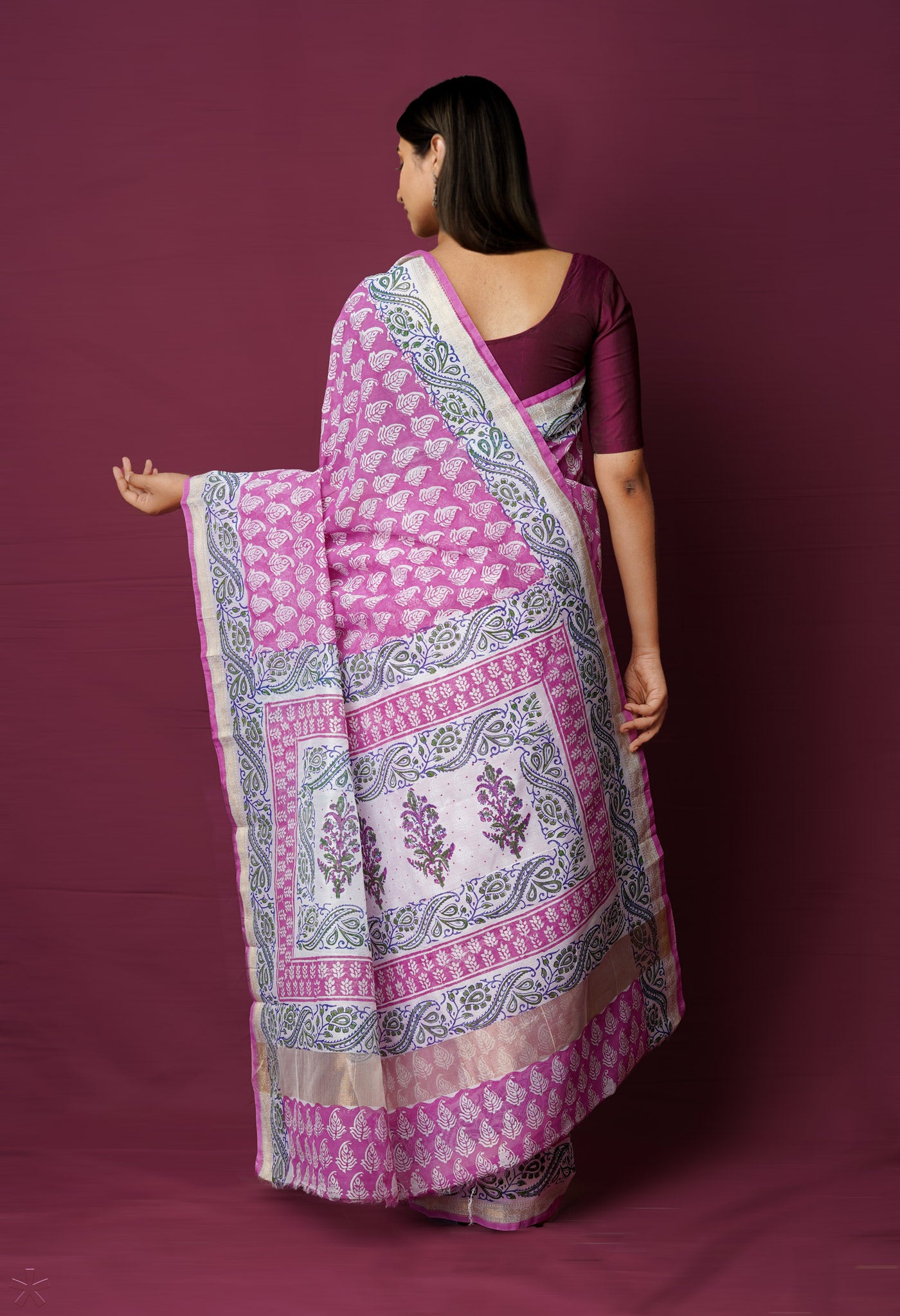 Pink Dyed Printed Chanderi Sico Saree-UNM72276