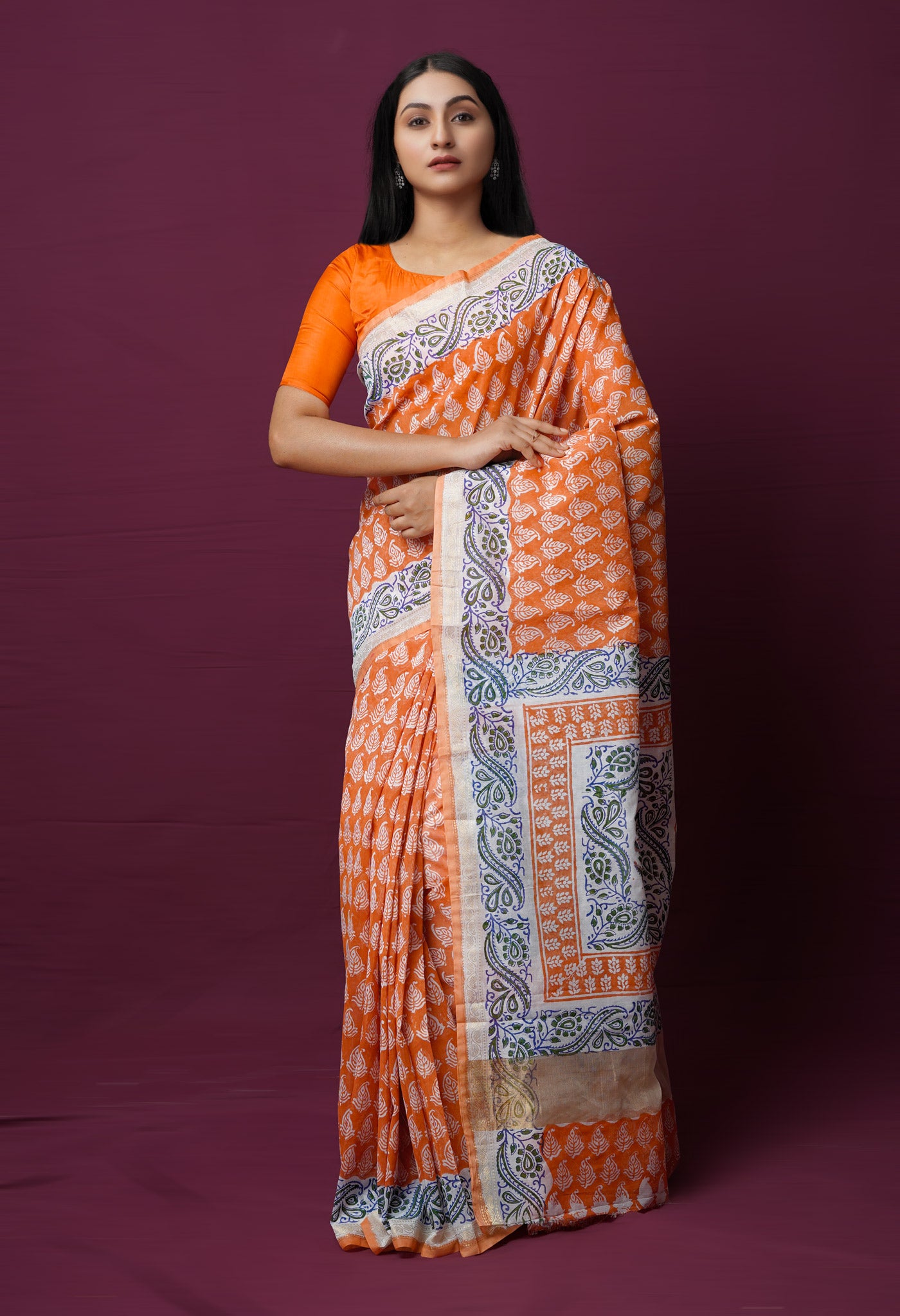 Orange Dyed Printed Chanderi Sico Saree