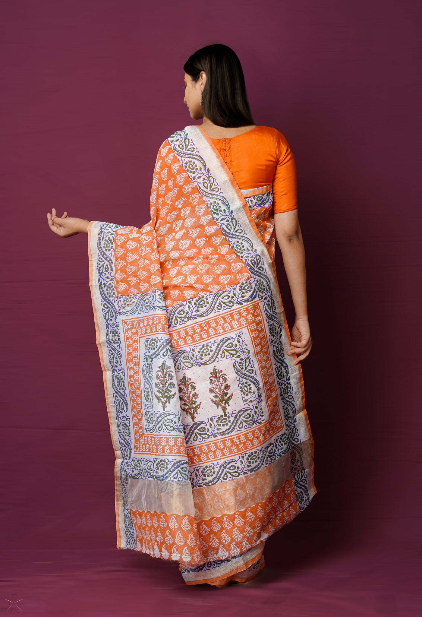 Orange Dyed Printed Chanderi Sico Saree