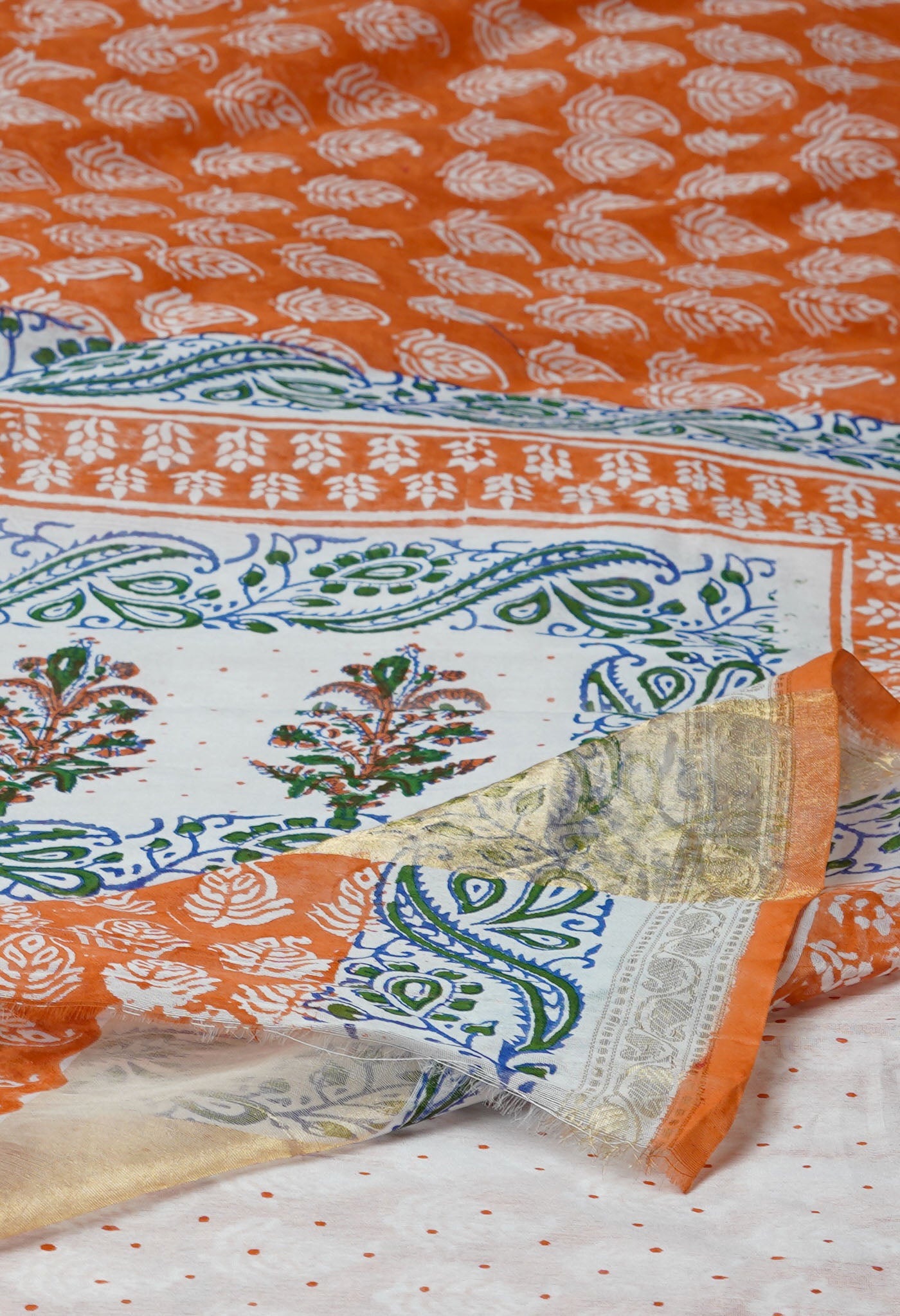 Orange Dyed Printed Chanderi Sico Saree