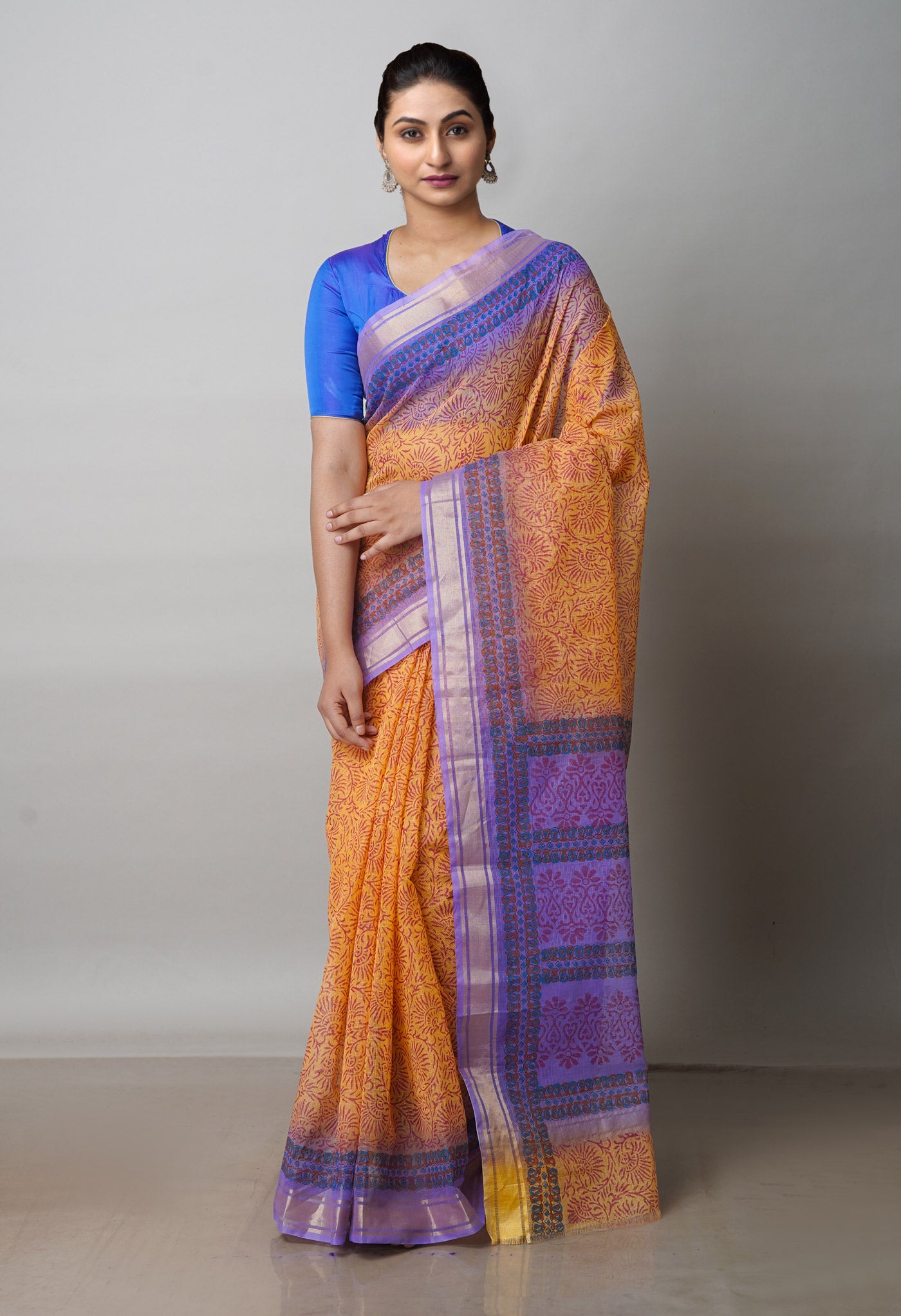 Orange Pure Block Printed Kota Cotton Saree-UNM72307