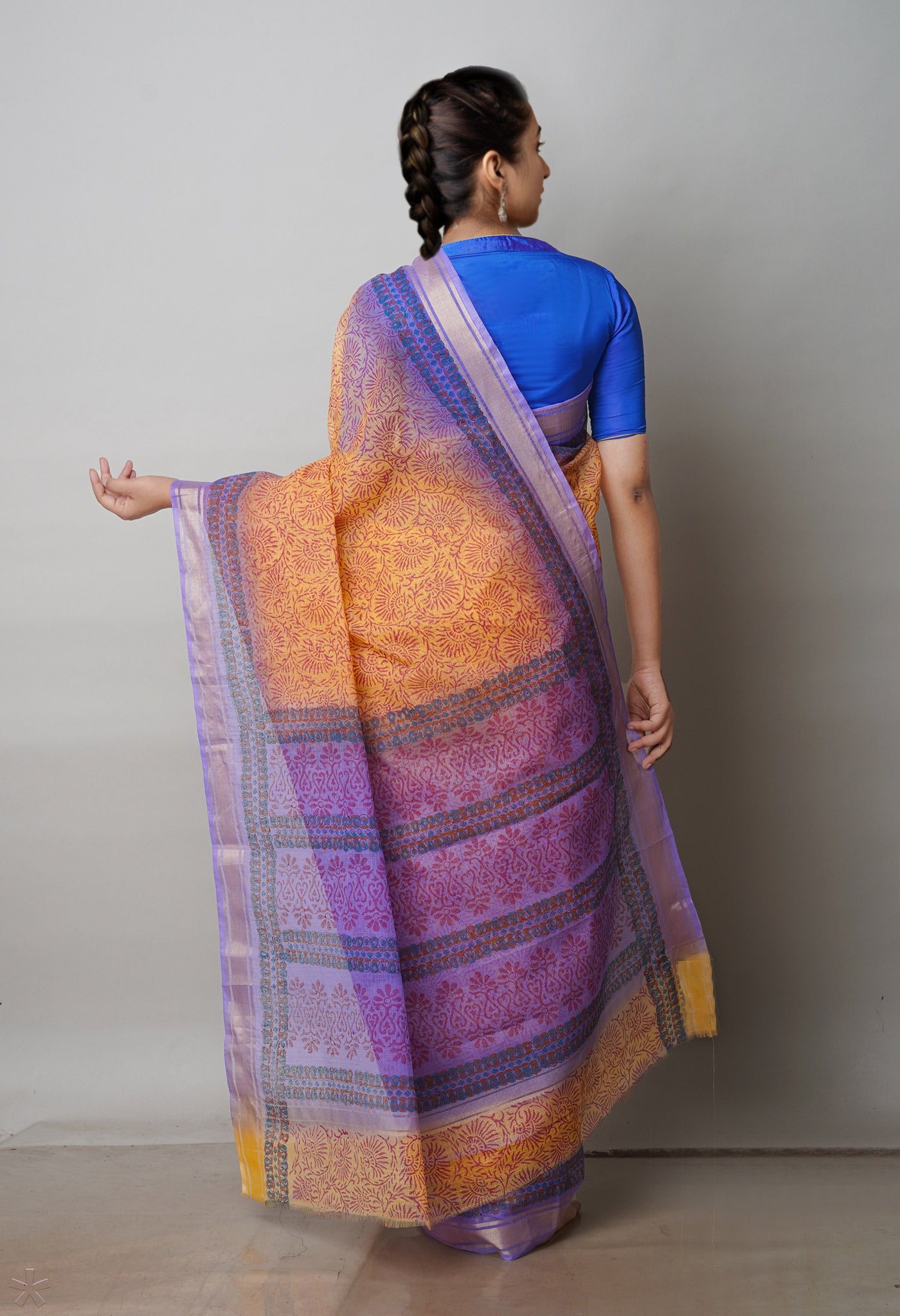 Orange Pure Block Printed Kota Cotton Saree-UNM72307