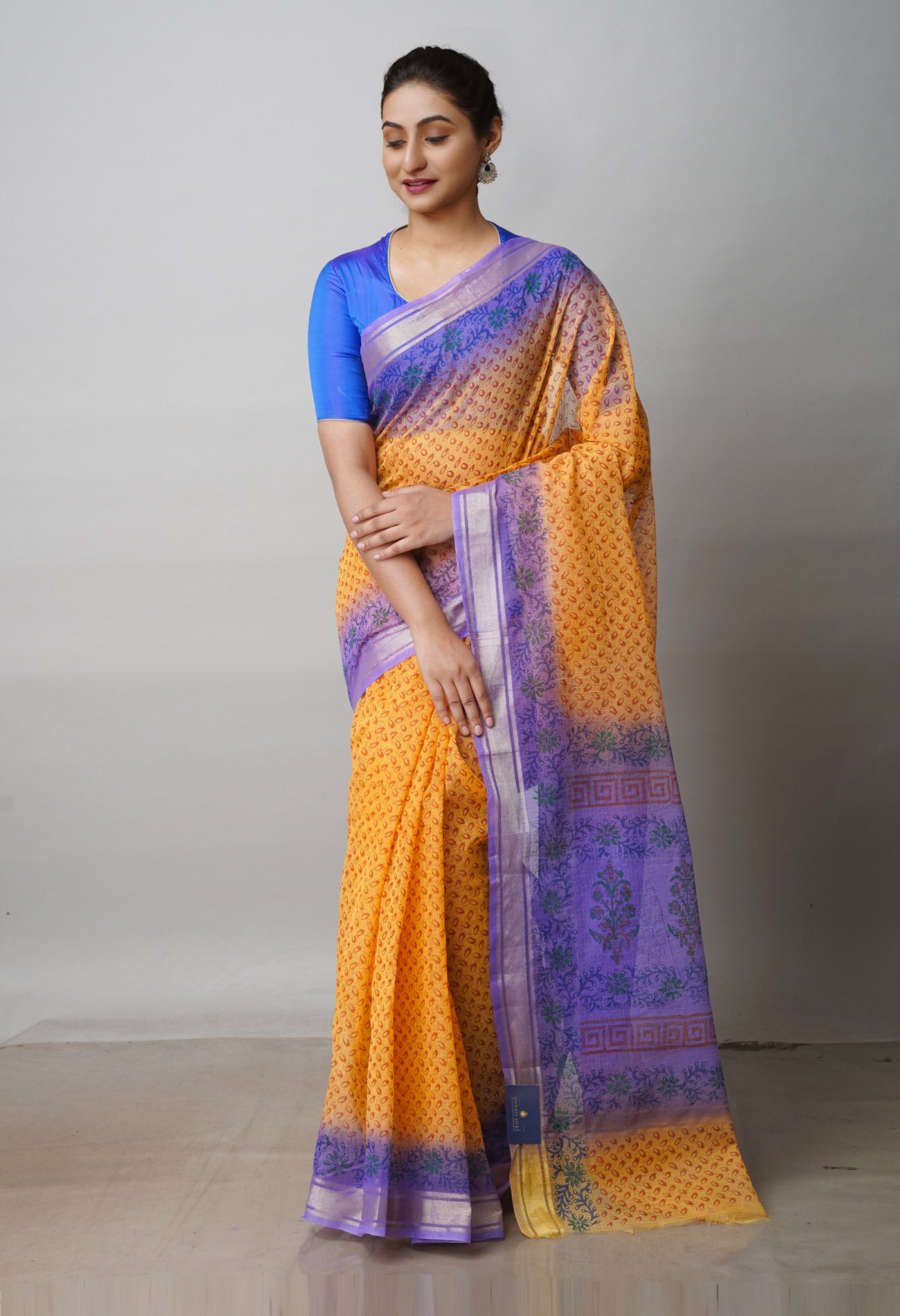 Orange Pure Block Printed Kota Cotton Saree-UNM72311