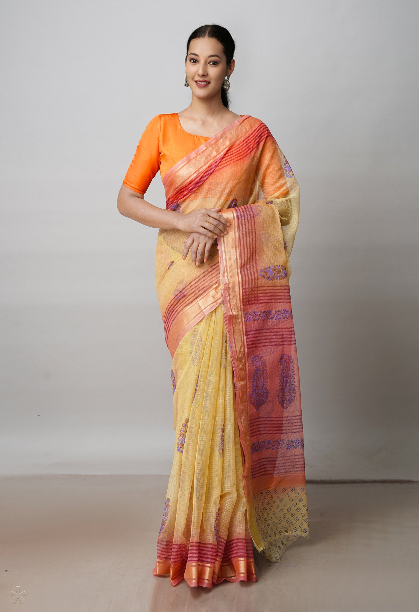Brown Pure Block Printed Kota Cotton Saree-UNM72331