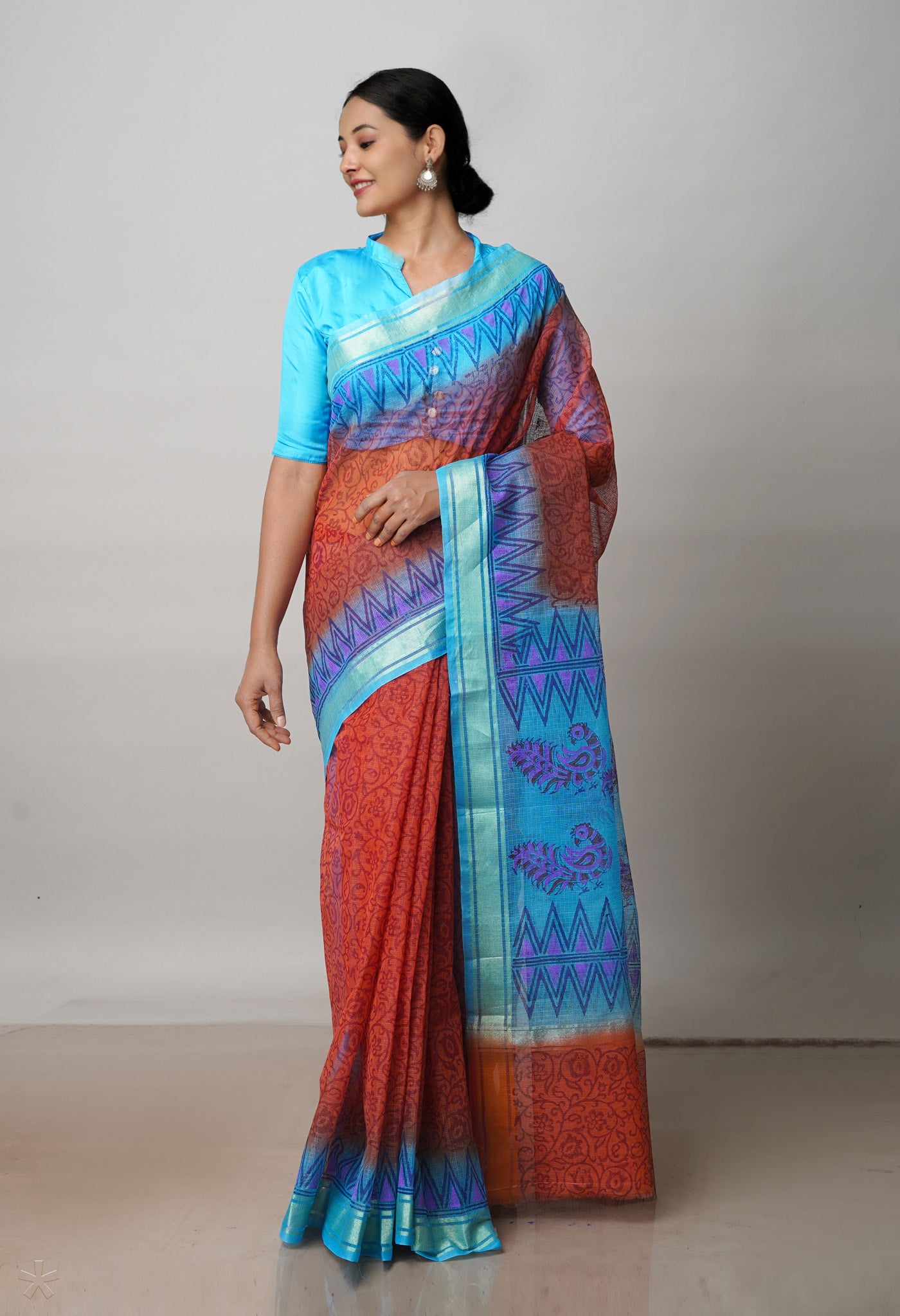 Red Pure Block Printed Kota Cotton Saree-UNM72355