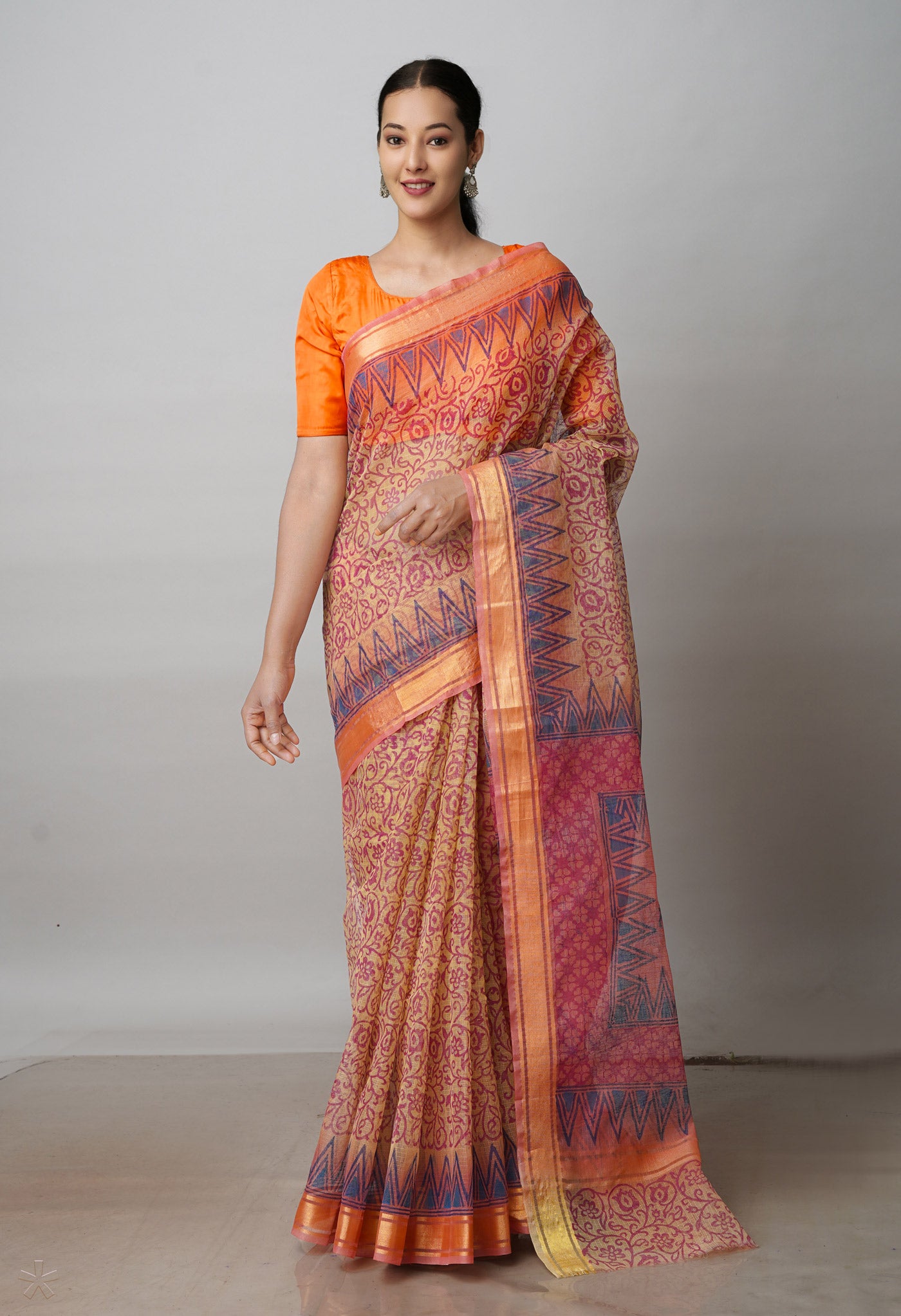 Brown Pure Block Printed Kota Cotton Saree-UNM72357