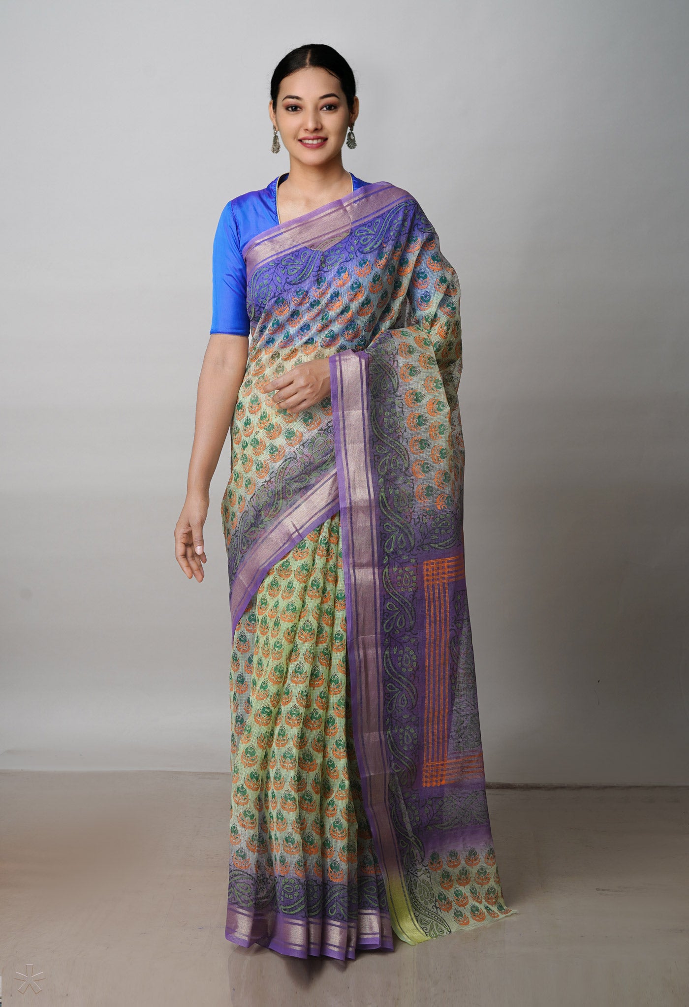 Green Pure Block Printed Kota Cotton Saree-UNM72361