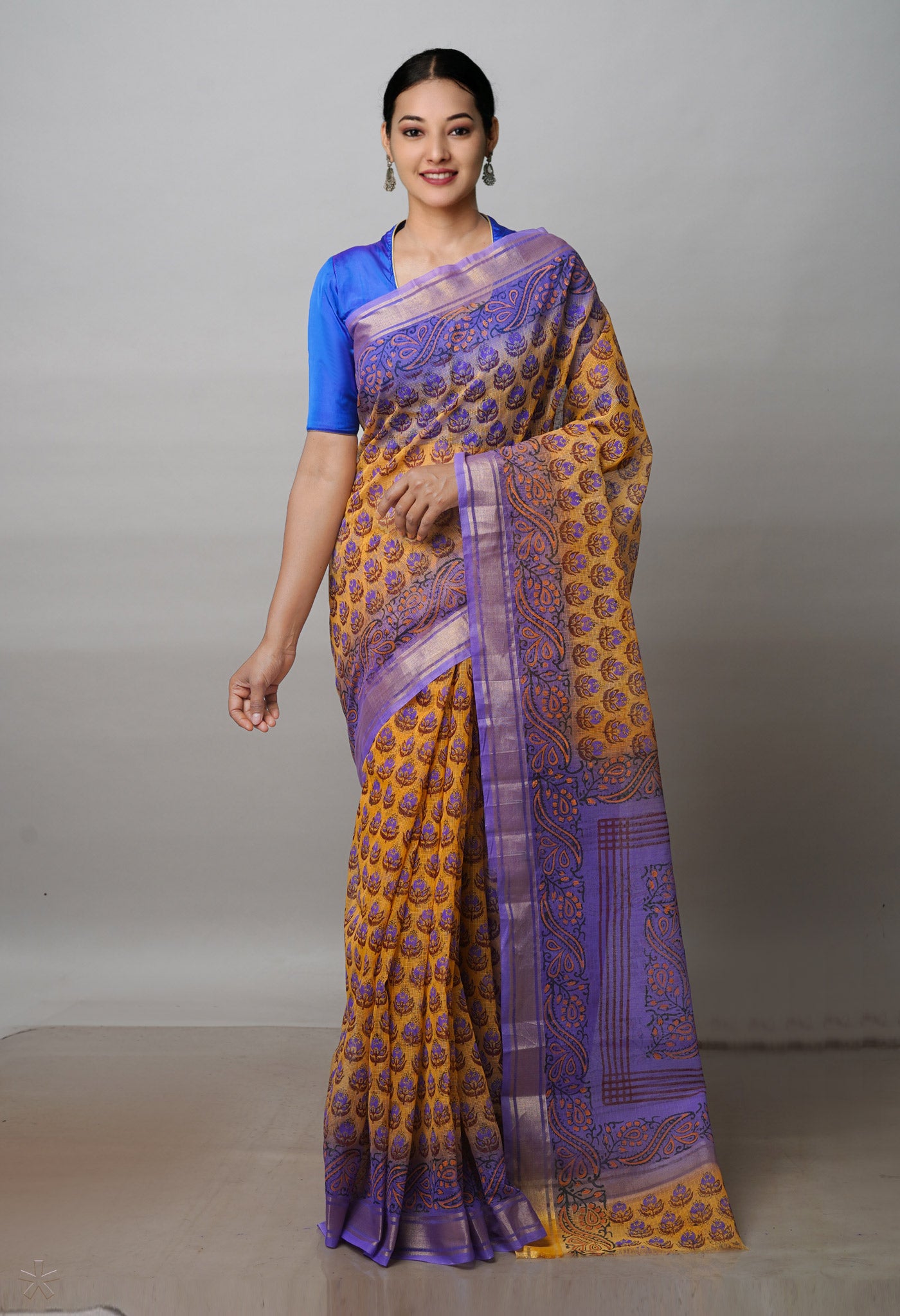Orange Pure Block Printed Kota Cotton Saree-UNM72372