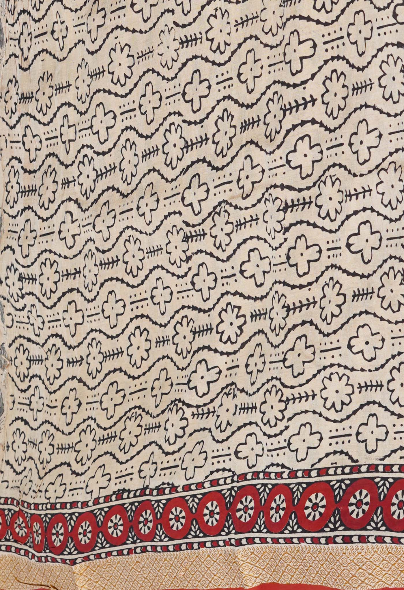 Cream Bagru Printed Mangalagiri Soft Silk Saree-UNM72396
