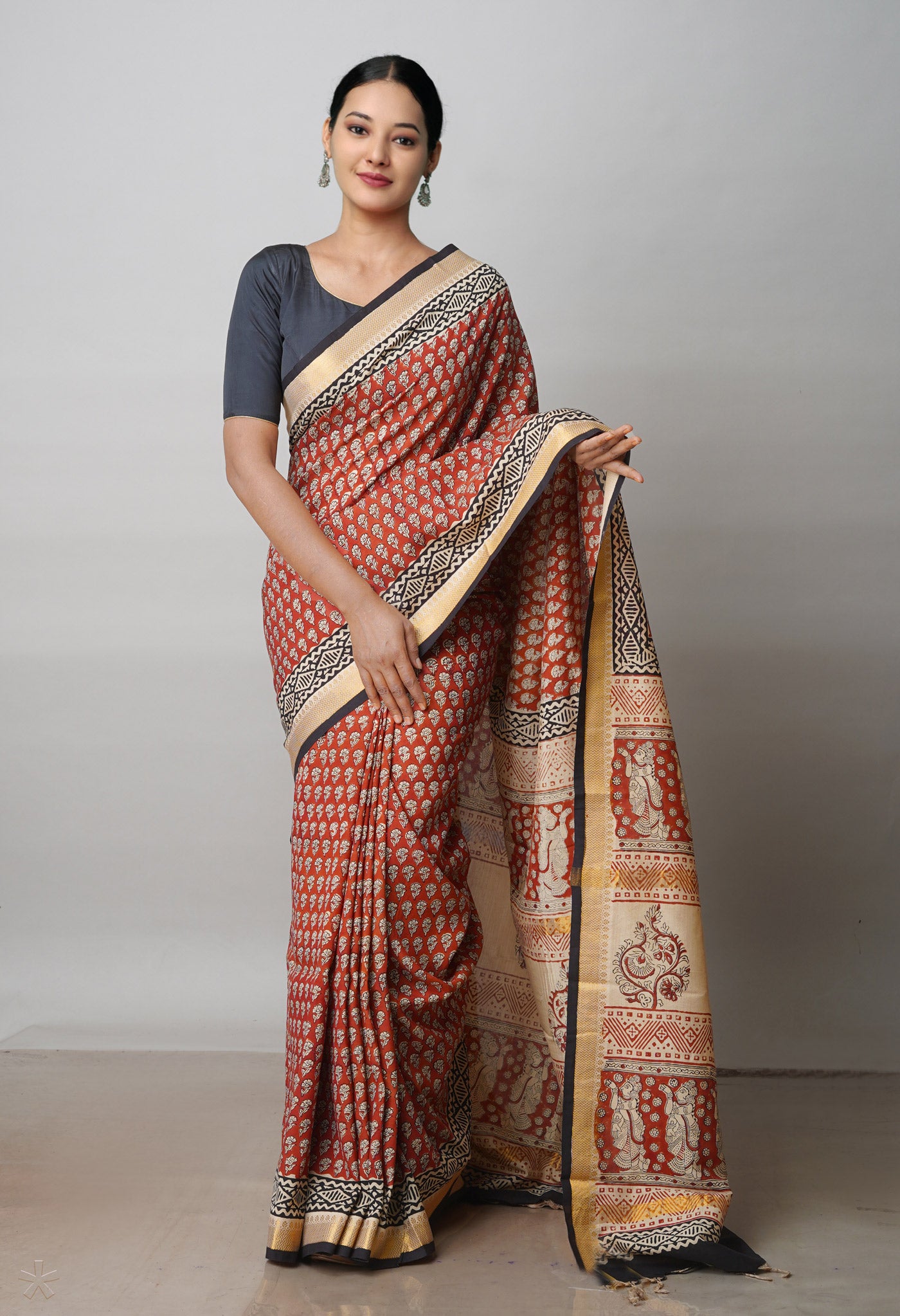 Red Bagru Printed Mangalagiri Soft Silk Saree-UNM72401