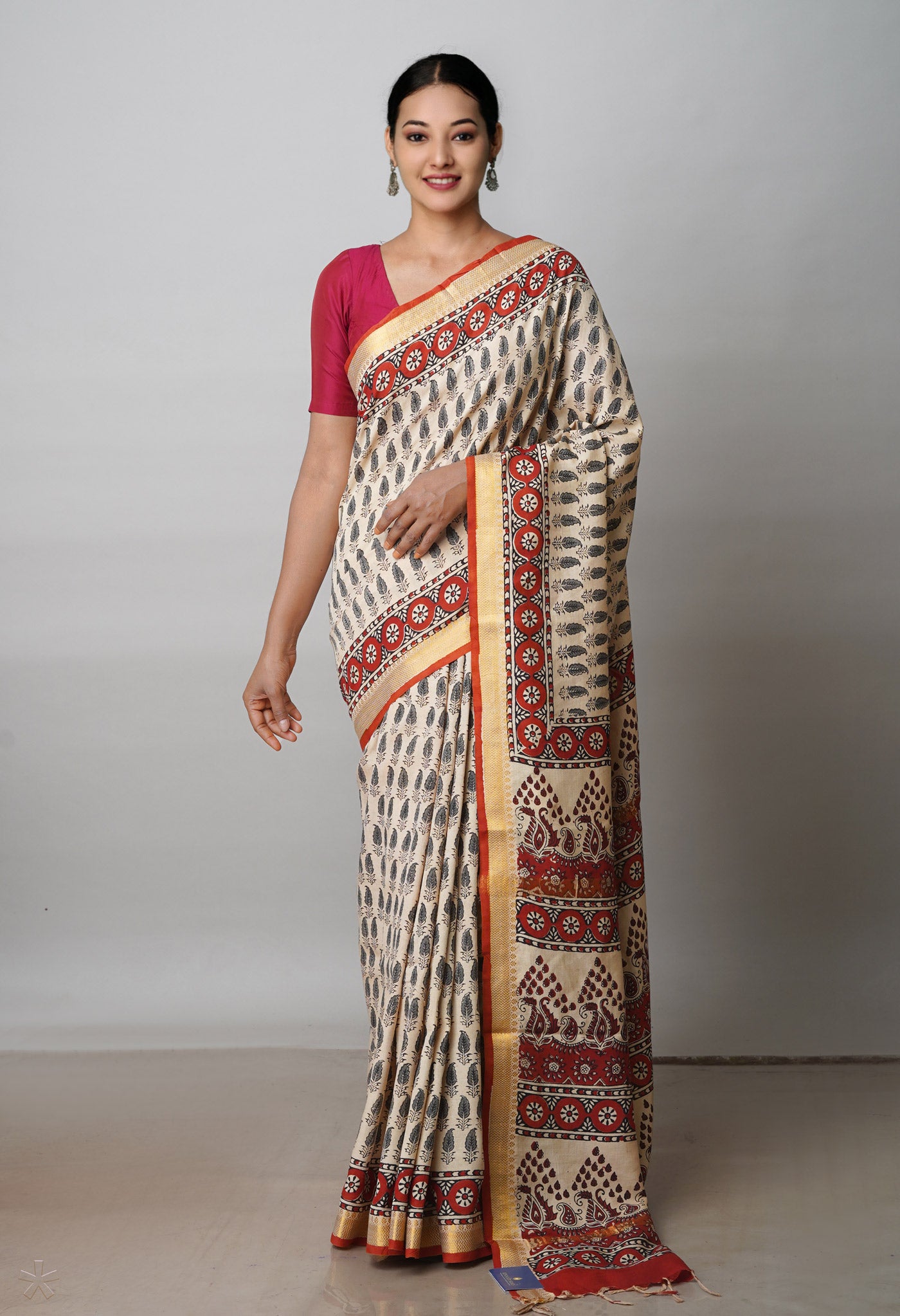 Cream Bagru Printed Mangalagiri Soft Silk Saree-UNM72411
