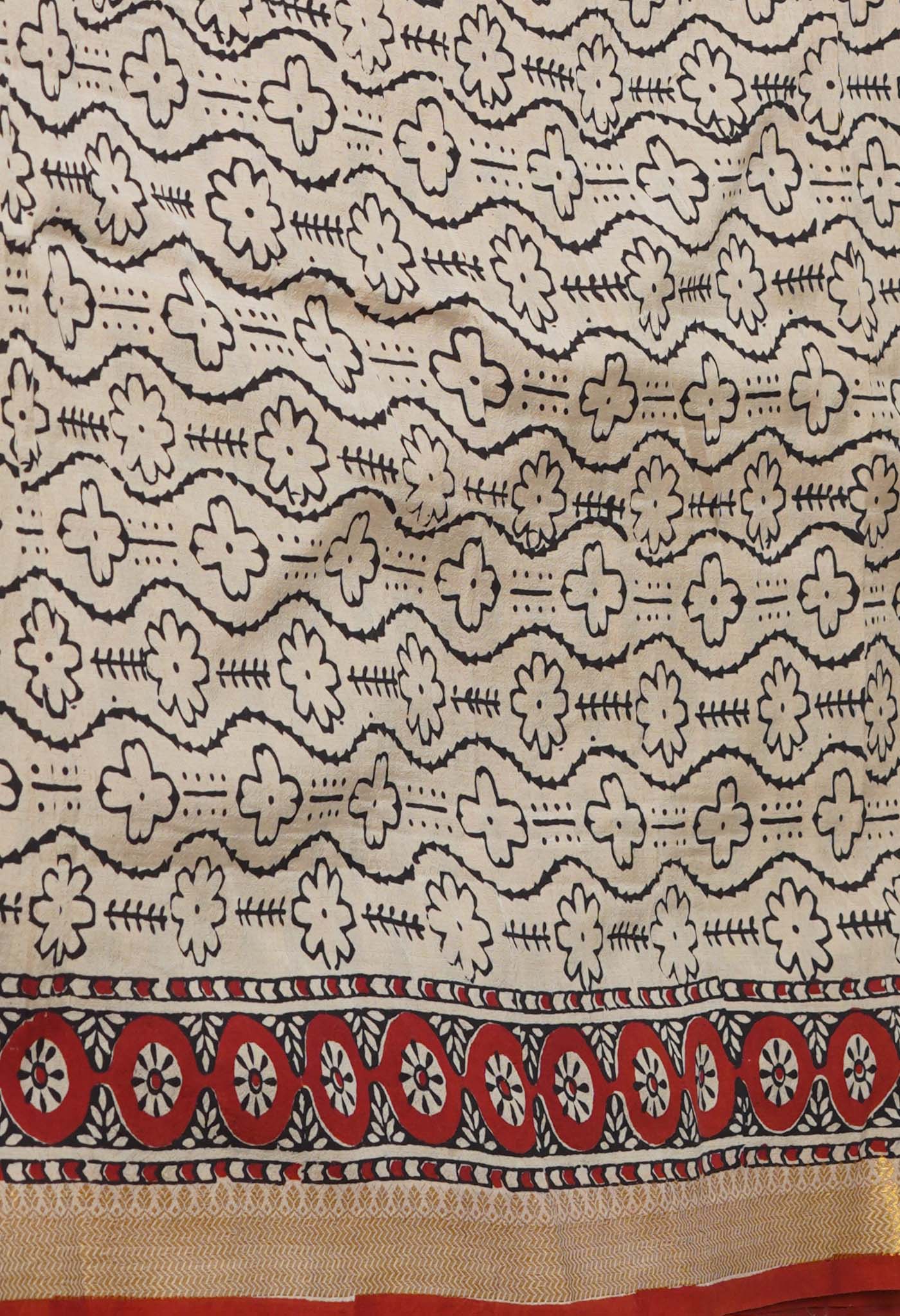 Cream Bagru Printed Mangalagiri Soft Silk Saree-UNM72411