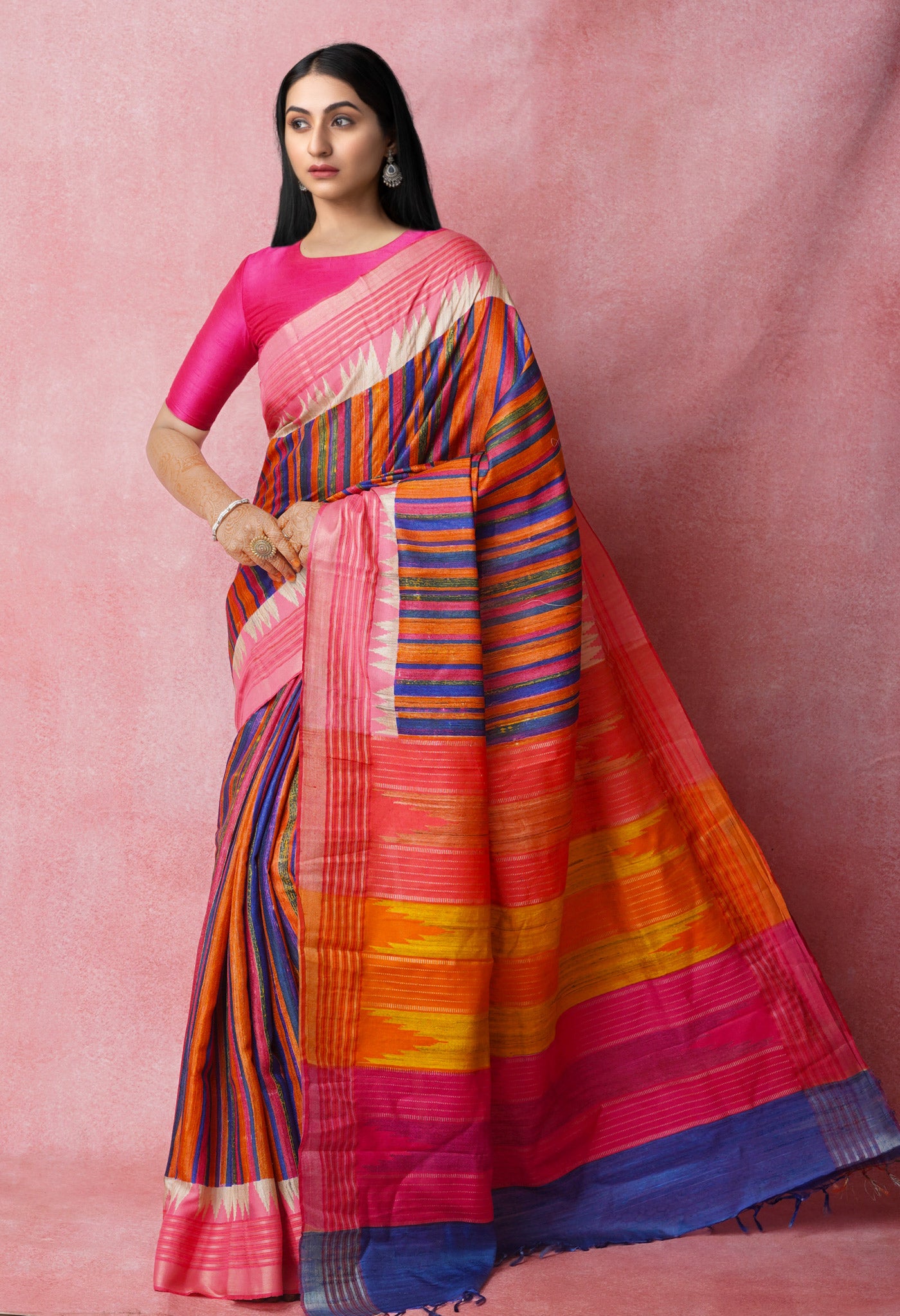 Multi Pure Handloom Printed Vidarbha Tussar Jute Saree