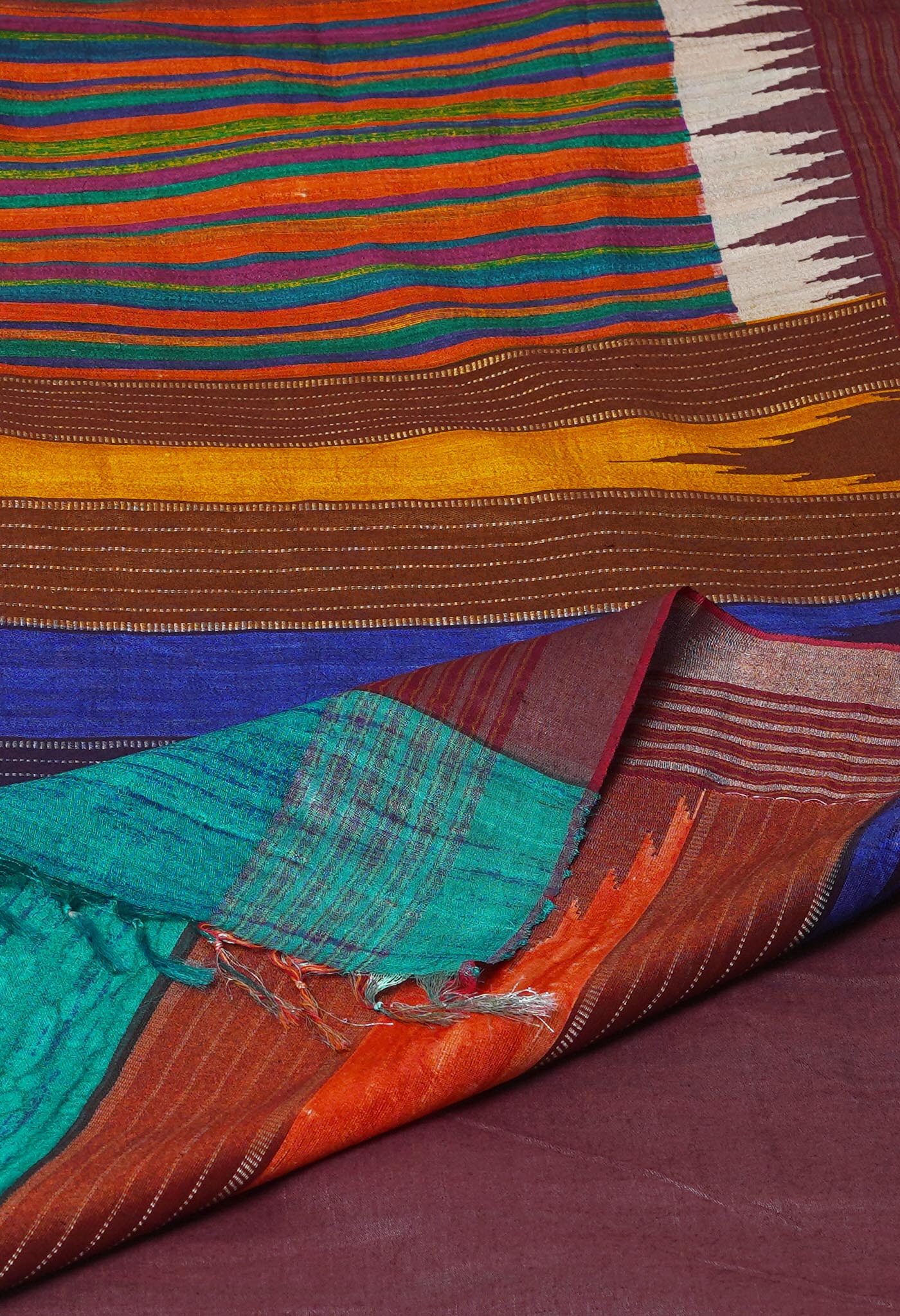Multi Pure Handloom Printed Vidarbha Tussar Jute Saree-UNM72436