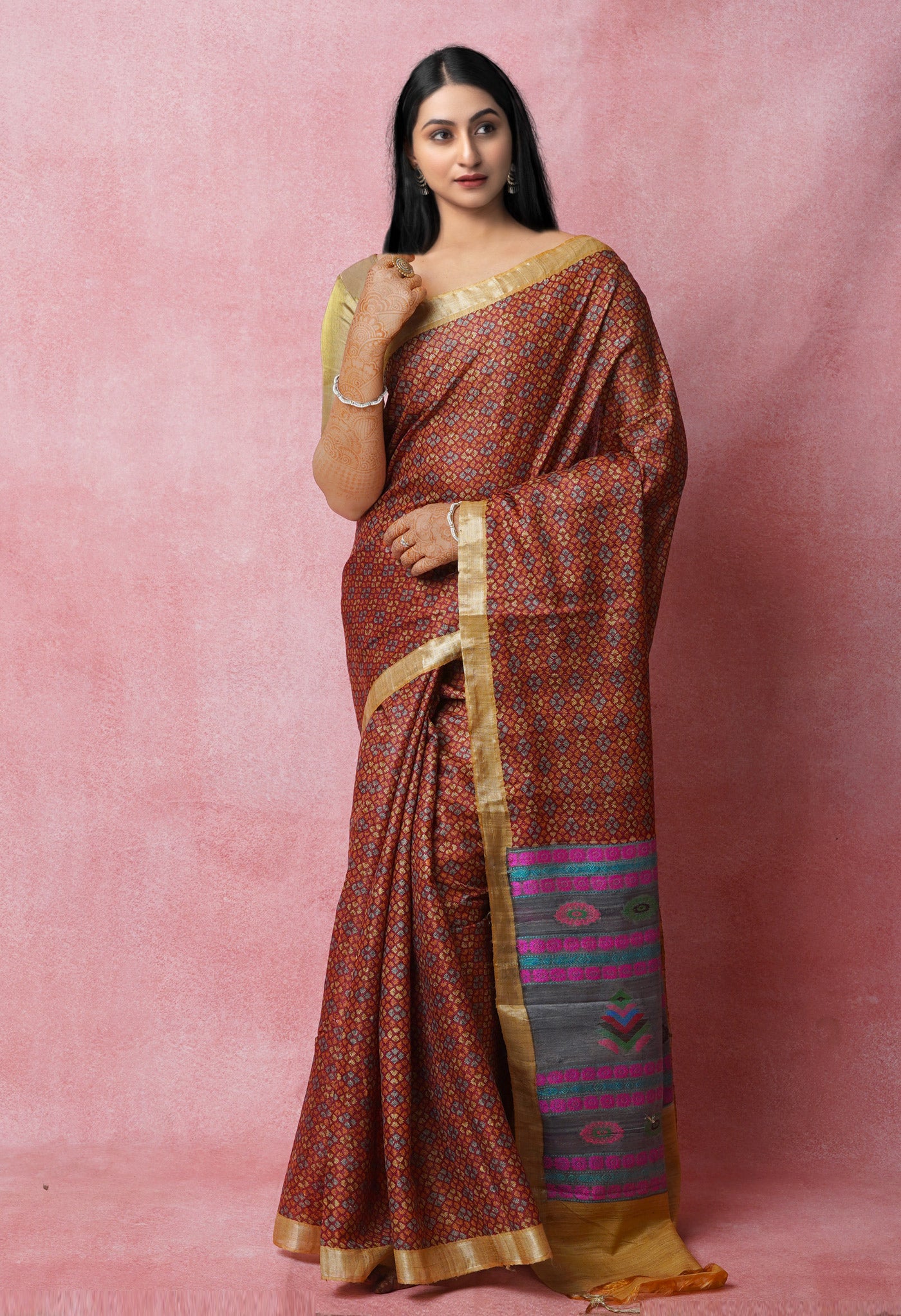 Maroon Pure Handloom Block Printed Vidarbha Tussar Jute Saree