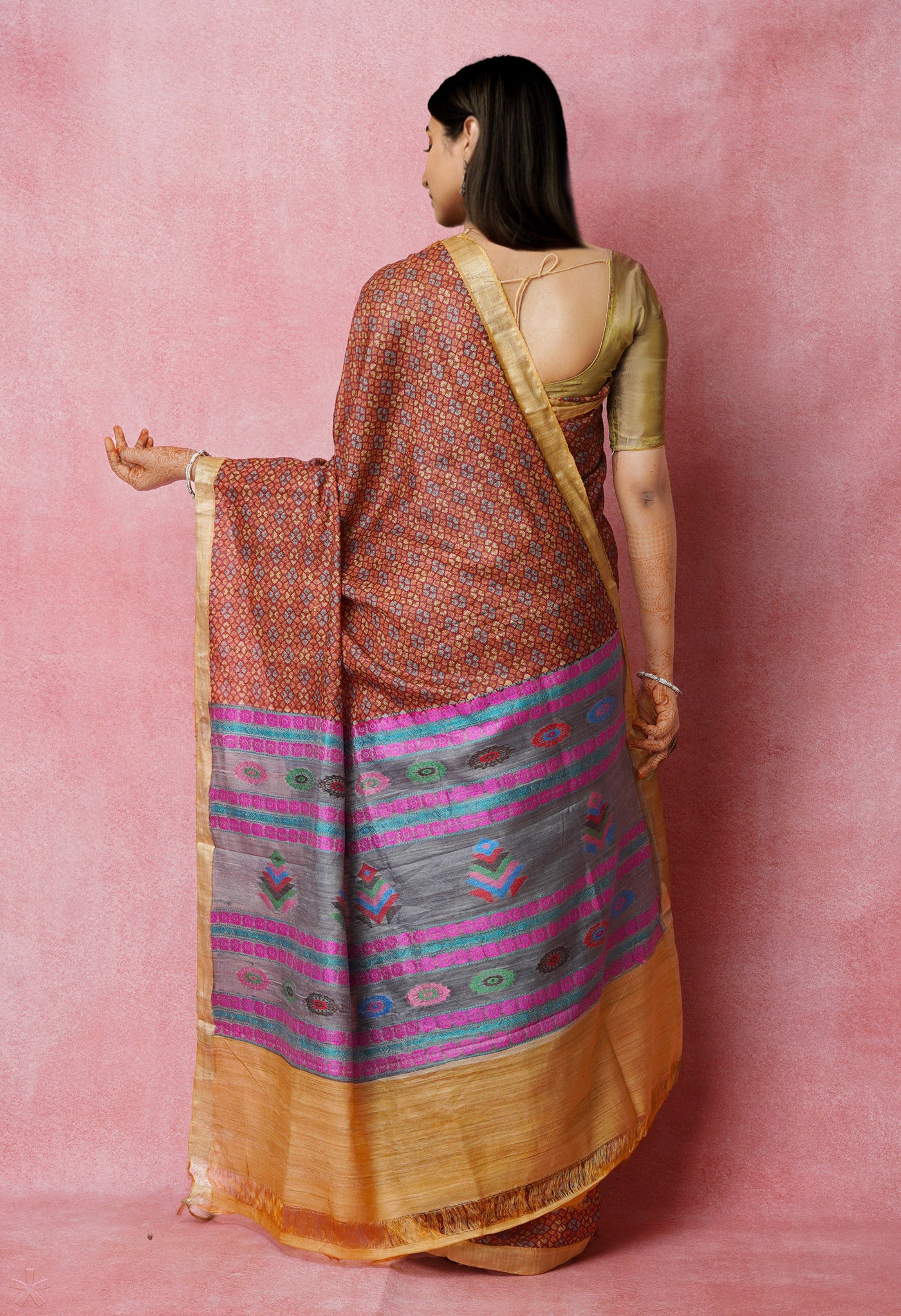 Maroon Pure Handloom Block Printed Vidarbha Tussar Jute Saree