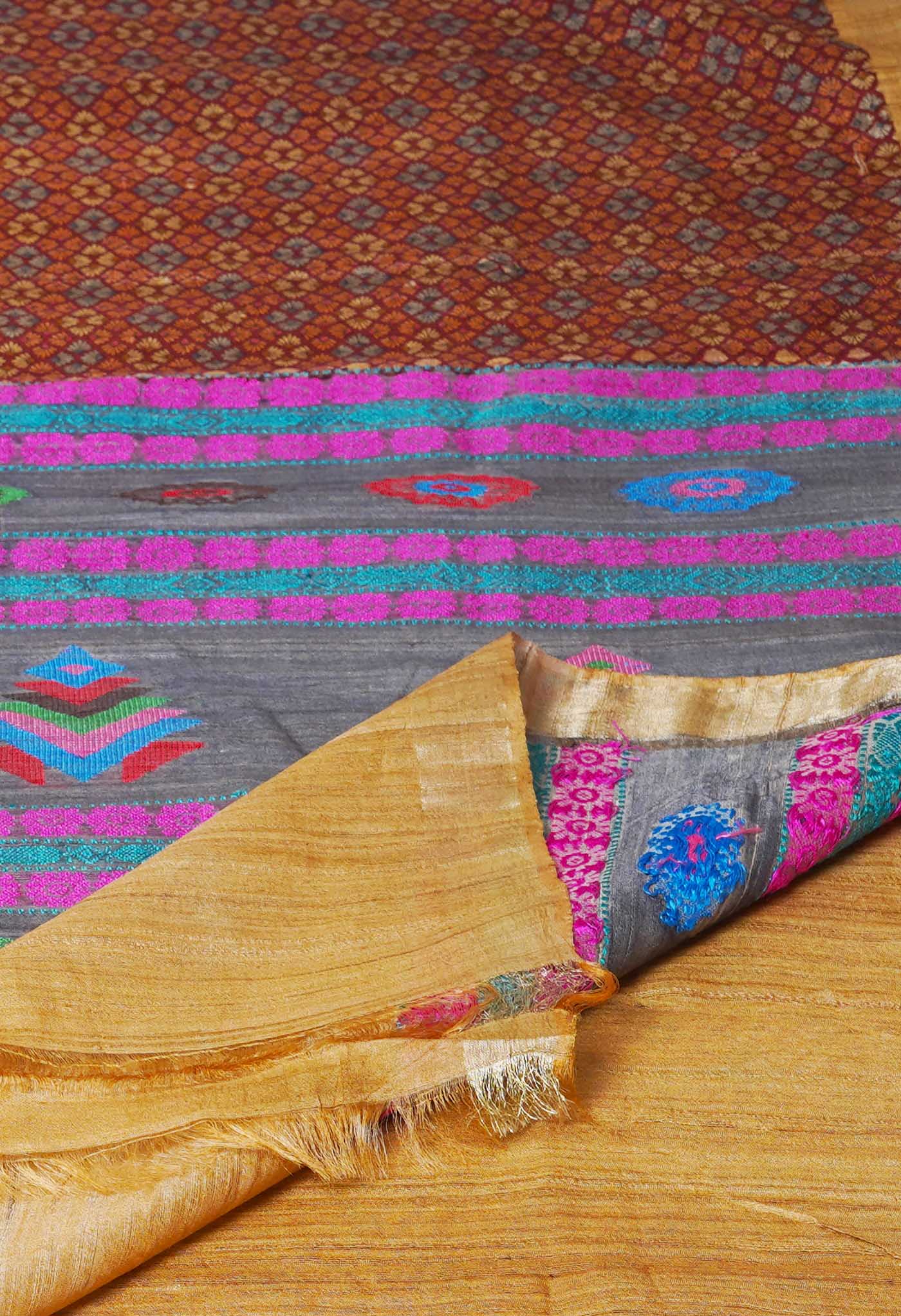 Maroon Pure Handloom Block Printed Vidarbha Tussar Jute Saree