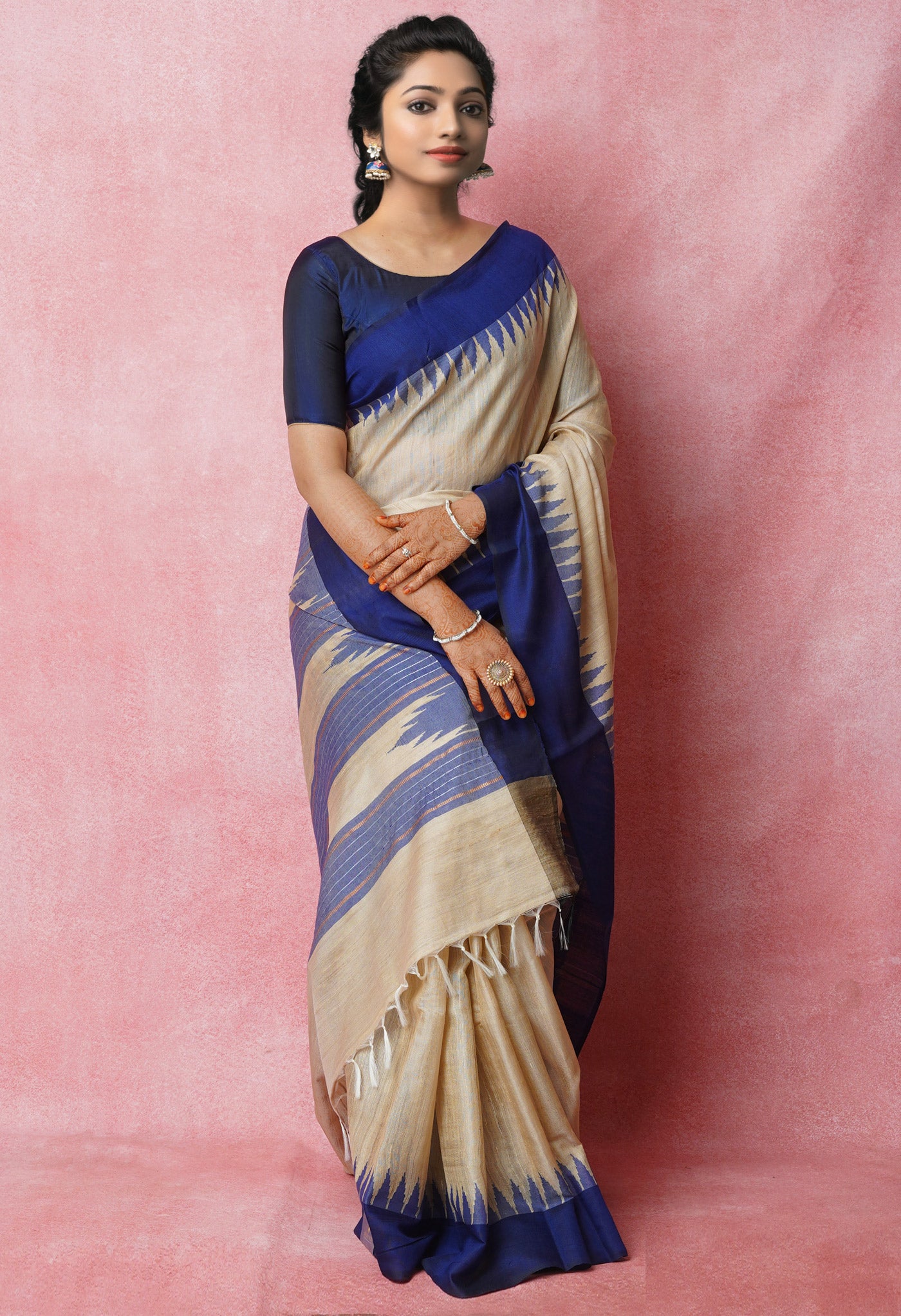 Cream-Navy Blue Pure Bengal Ghicha Tussar Jute Saree-UNM72498