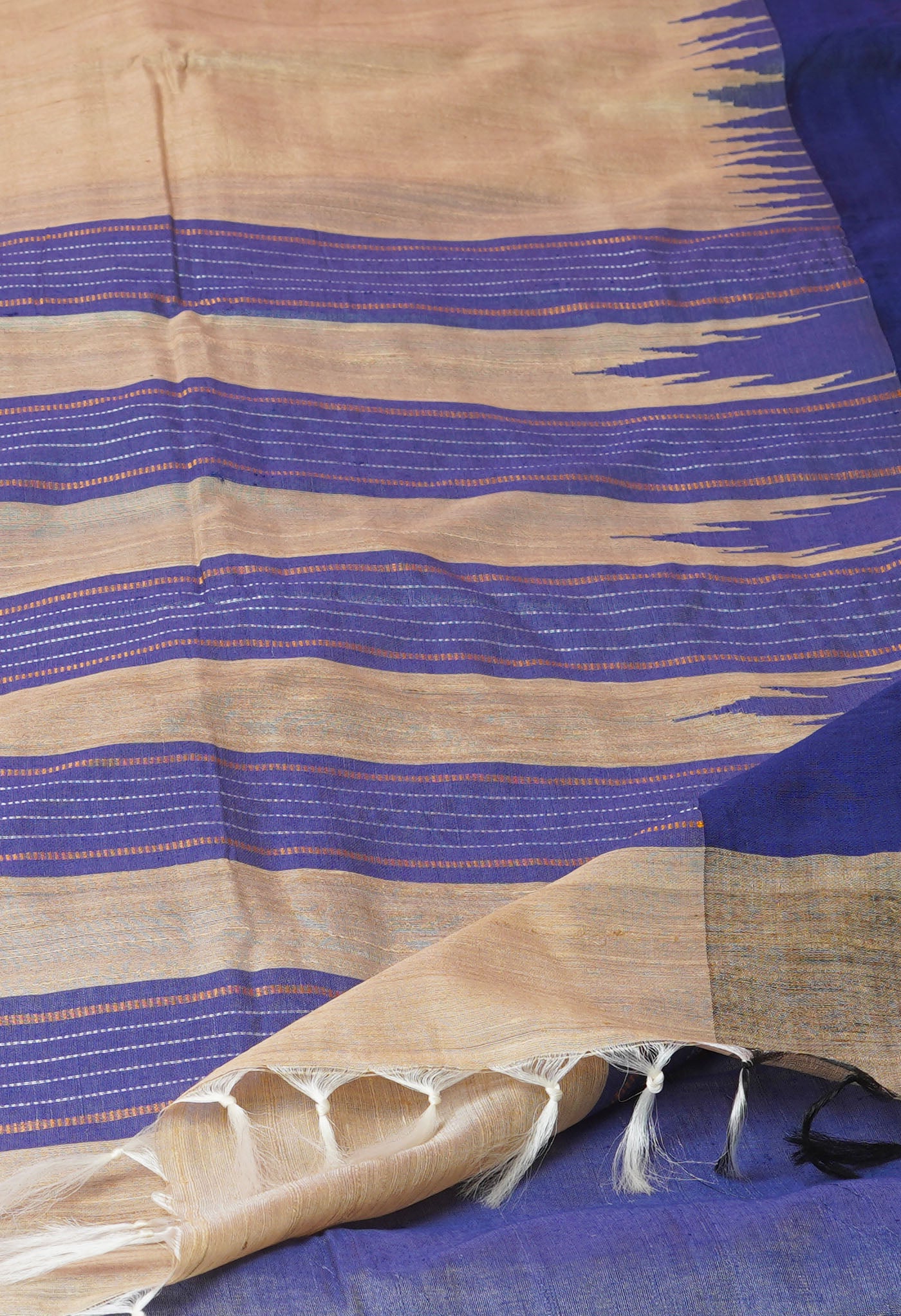 Cream-Navy Blue Pure Bengal Ghicha Tussar Jute Saree-UNM72498