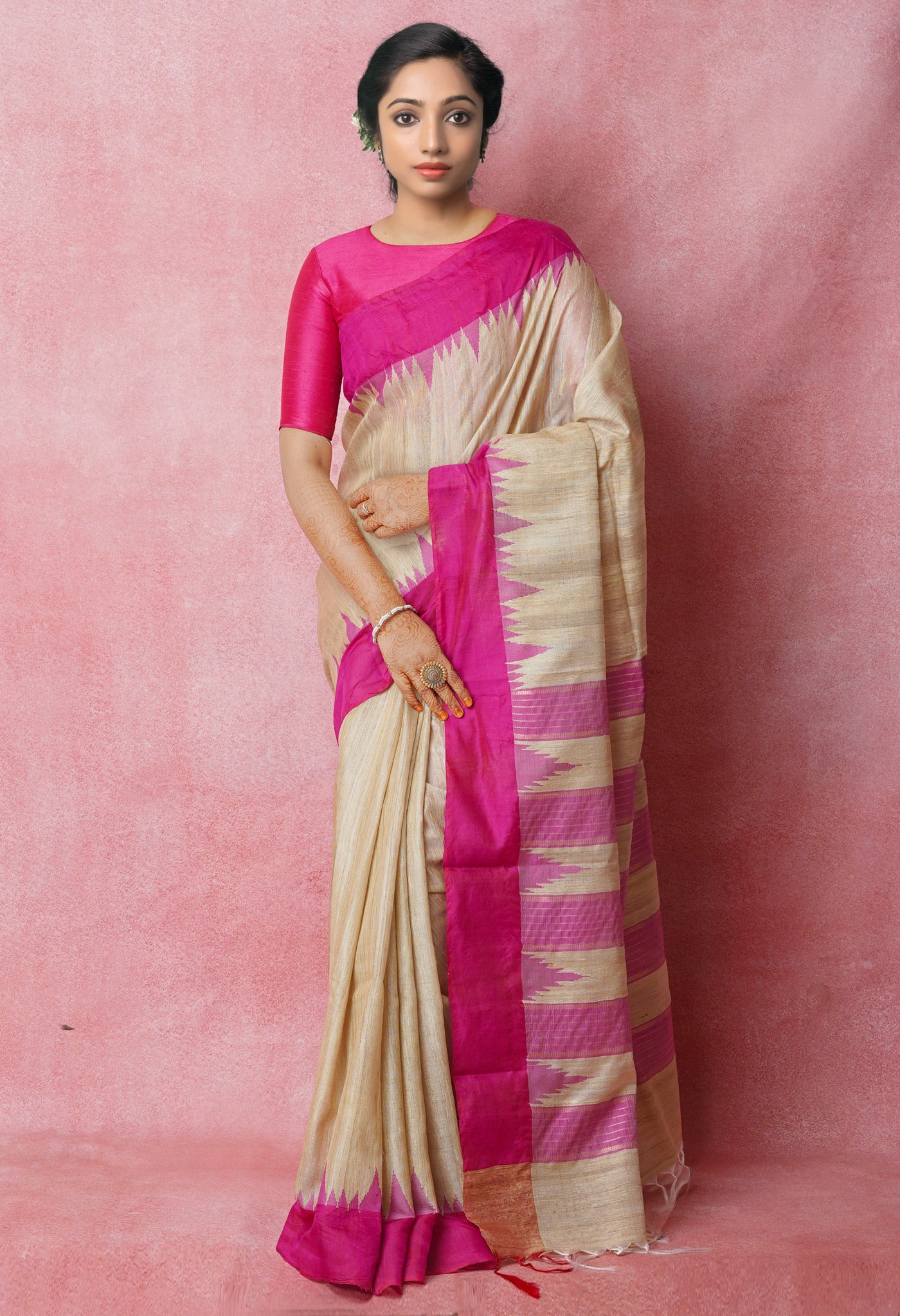 Cream-Magenta Pink Pure Bengal Ghicha Tussar Jute Saree-UNM72499