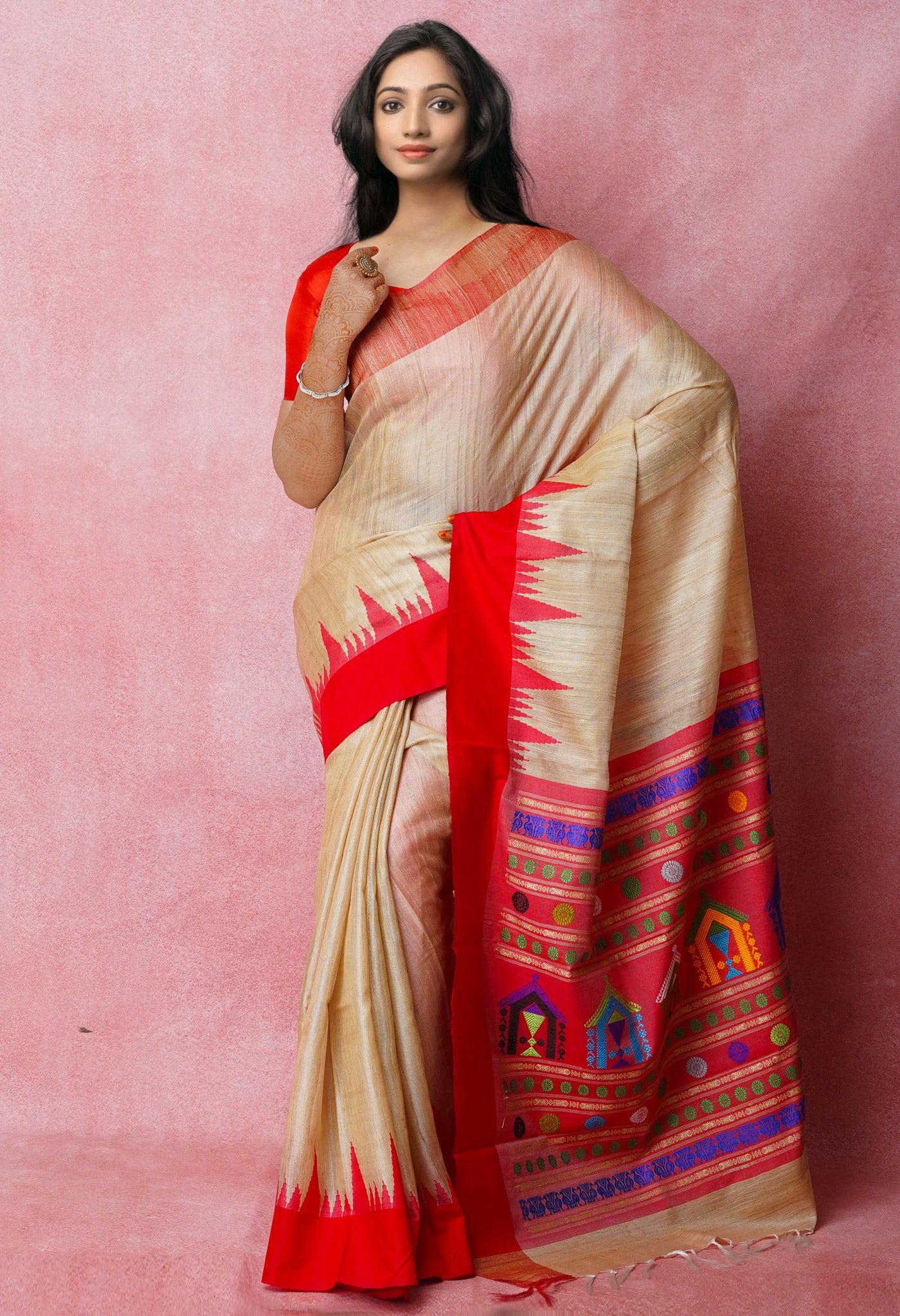 Cream-Cherry Red Pure Bengal Ghicha Tussar Jute Saree-UNM72506