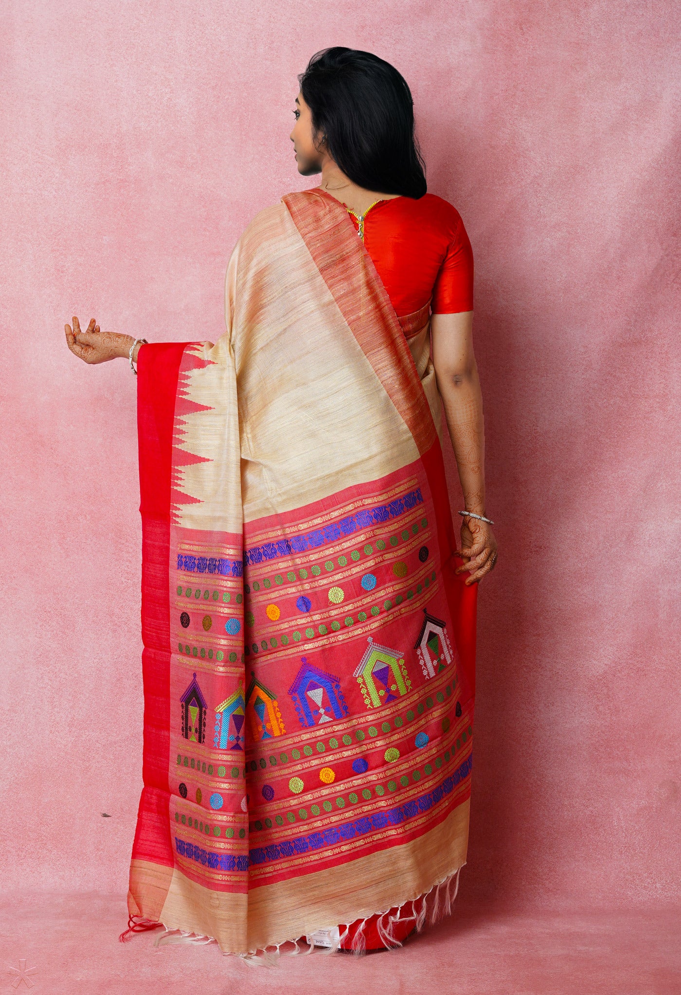 Cream-Cherry Red Pure Bengal Ghicha Tussar Jute Saree-UNM72506