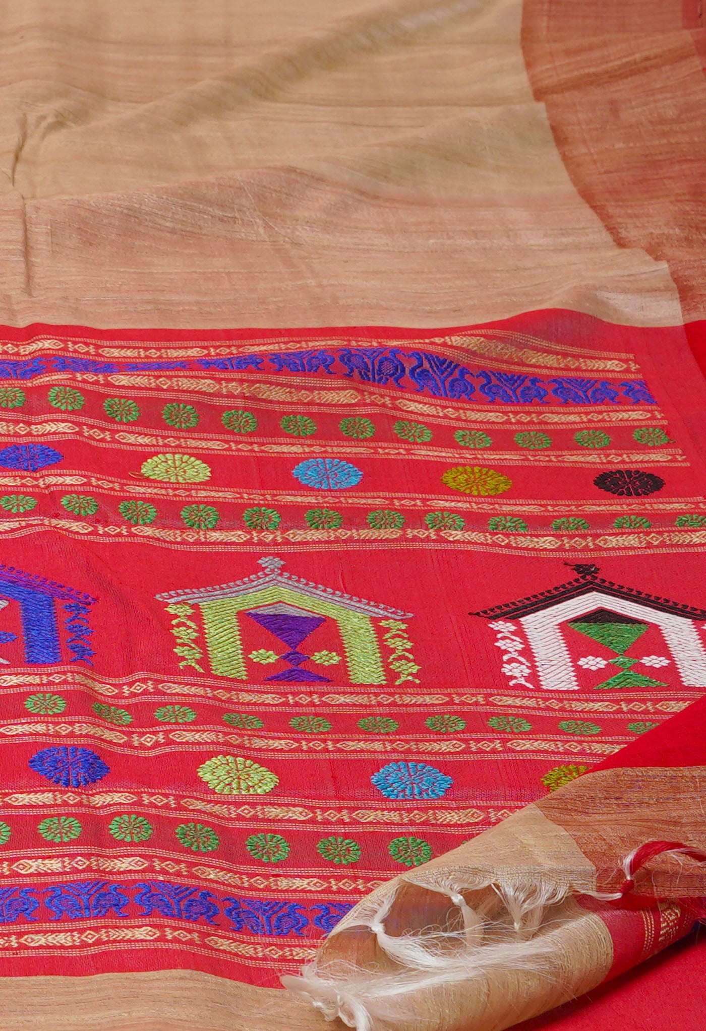 Cream-Cherry Red Pure Bengal Ghicha Tussar Jute Saree-UNM72506