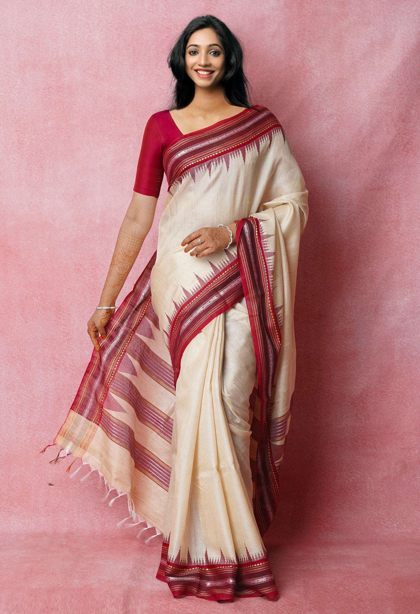 Cream-Maroon Pure Bengal Ghicha Tussar Jute Saree-UNM72513