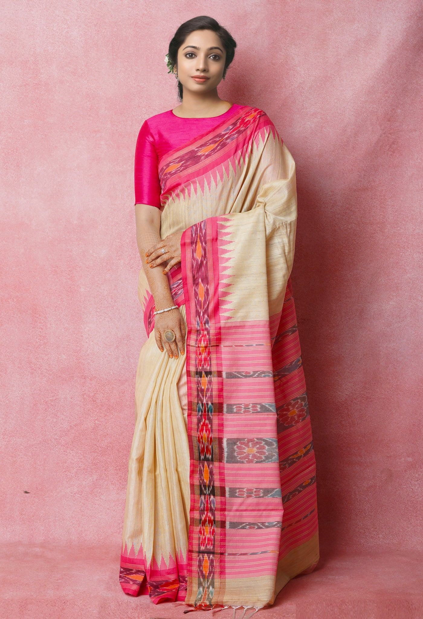 Cream-Peach Red Pure Bengal Ghicha Tussar Jute Saree-UNM72515