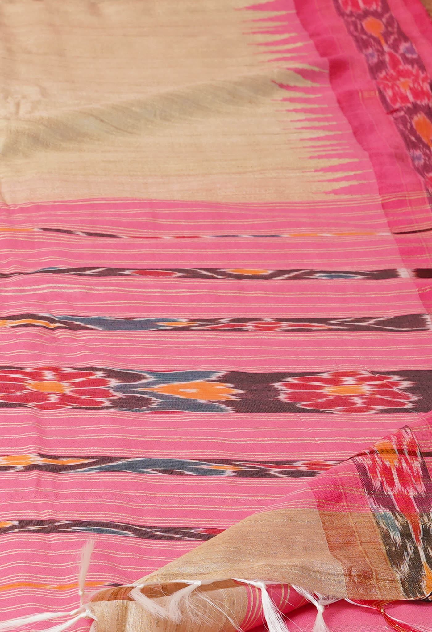 Cream-Peach Red Pure Bengal Ghicha Tussar Jute Saree-UNM72515