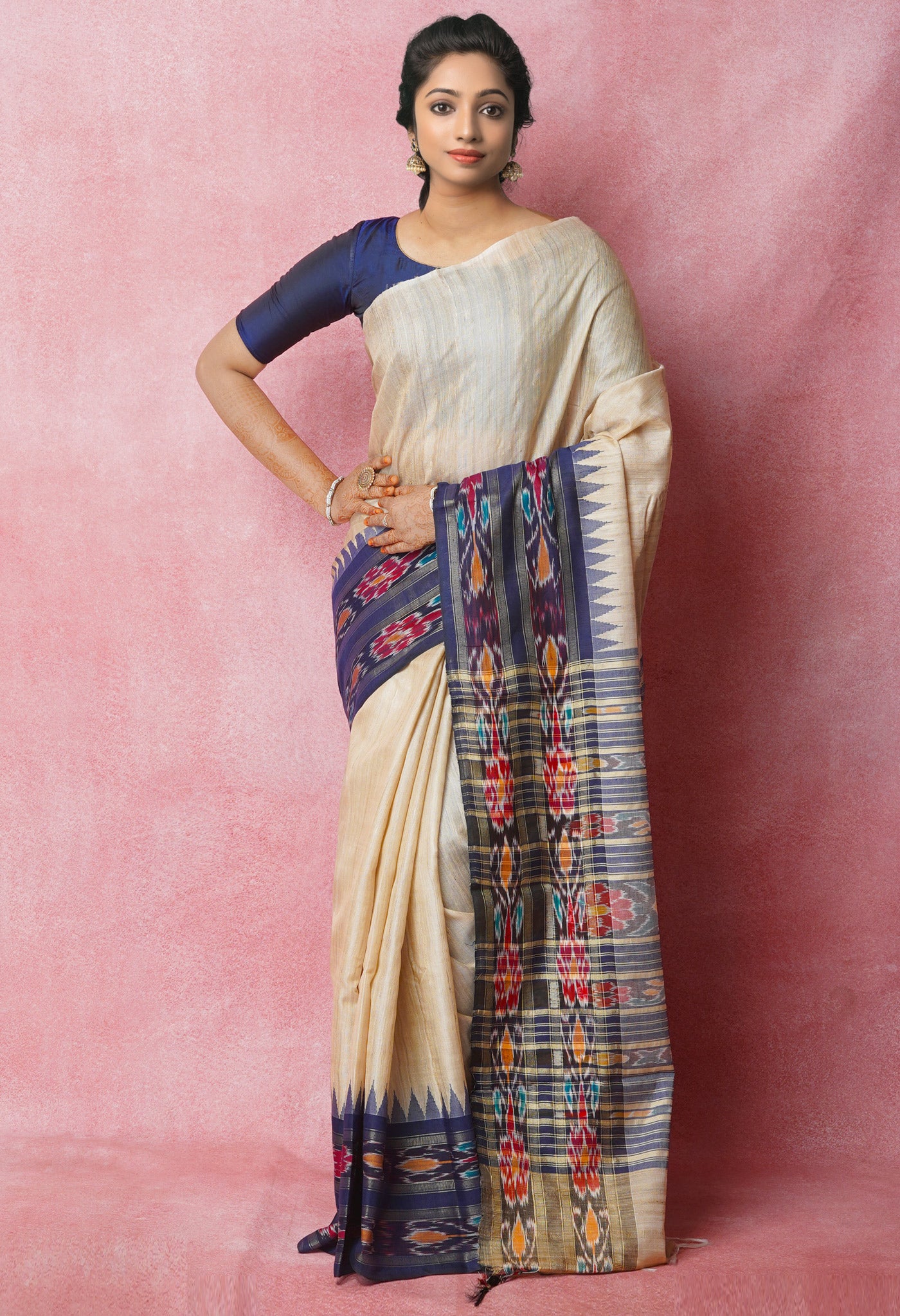 Cream-Navy Blue Pure Bengal Ghicha Tussar Jute Saree-UNM72519