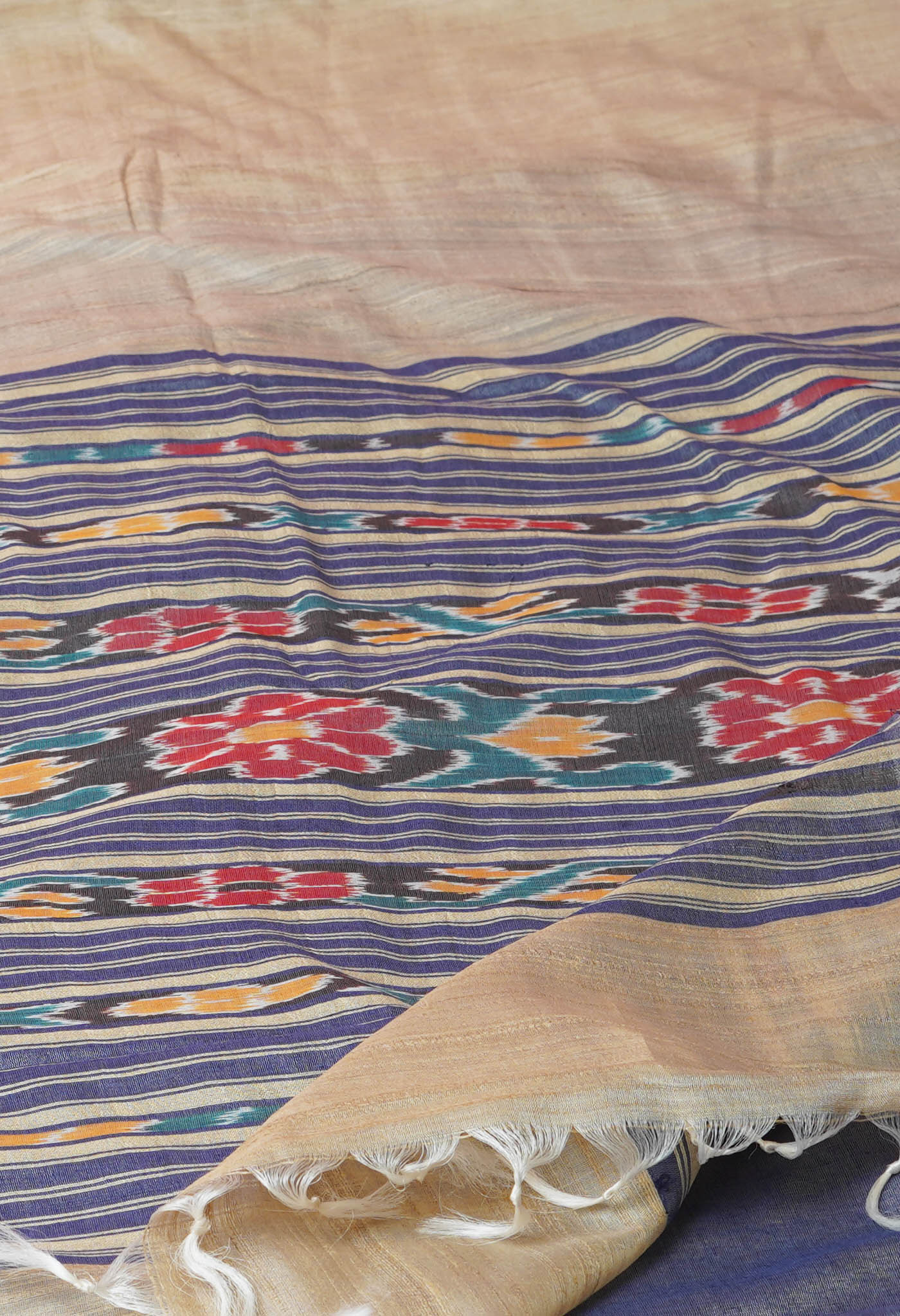 Cream-Navy Blue Pure Bengal Ghicha Tussar Jute Saree-UNM72519