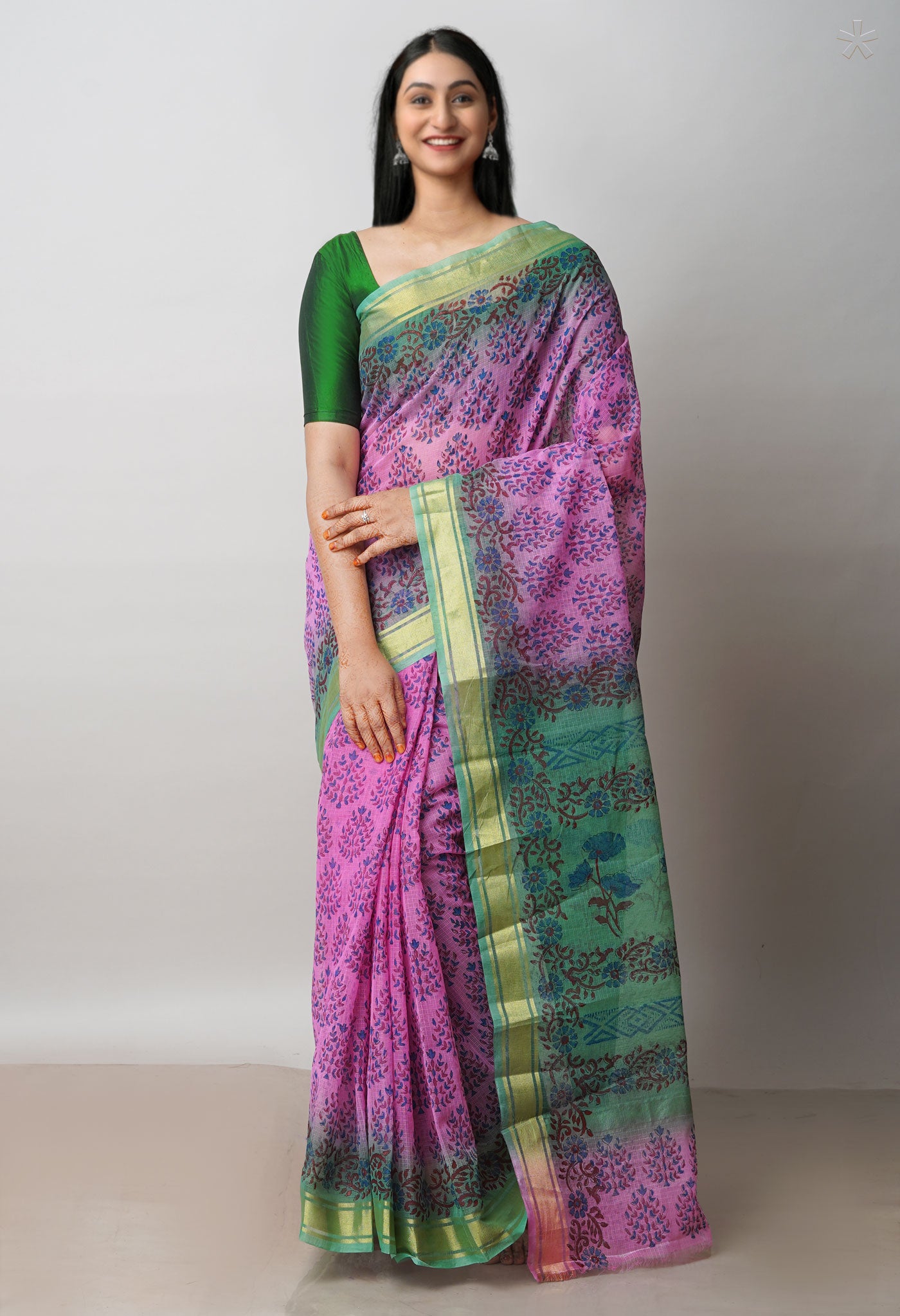Pink Pure Dyed Printed Kota Cotton Saree-UNM72526