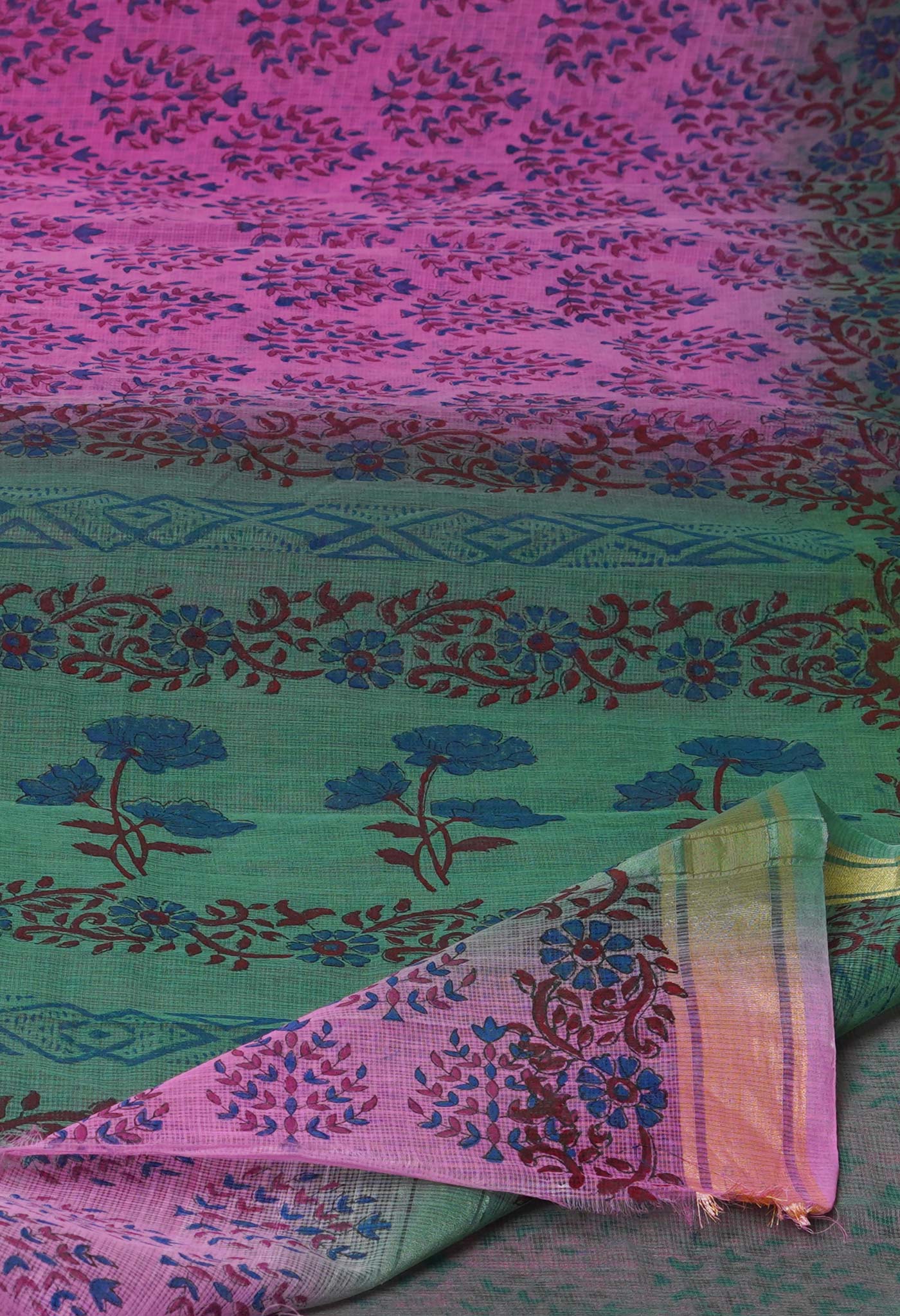 Pink Pure Dyed Printed Kota Cotton Saree-UNM72526