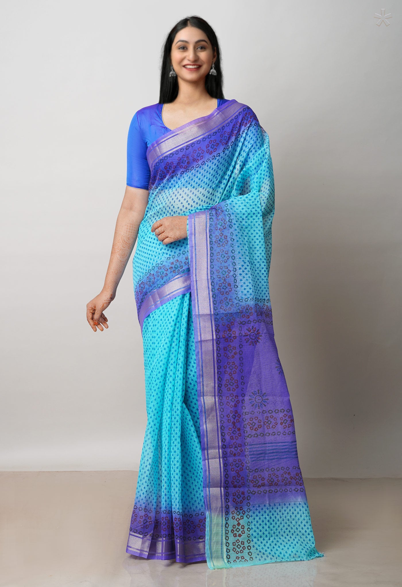 Blue Pure Dyed Printed Kota Cotton Saree-UNM72538