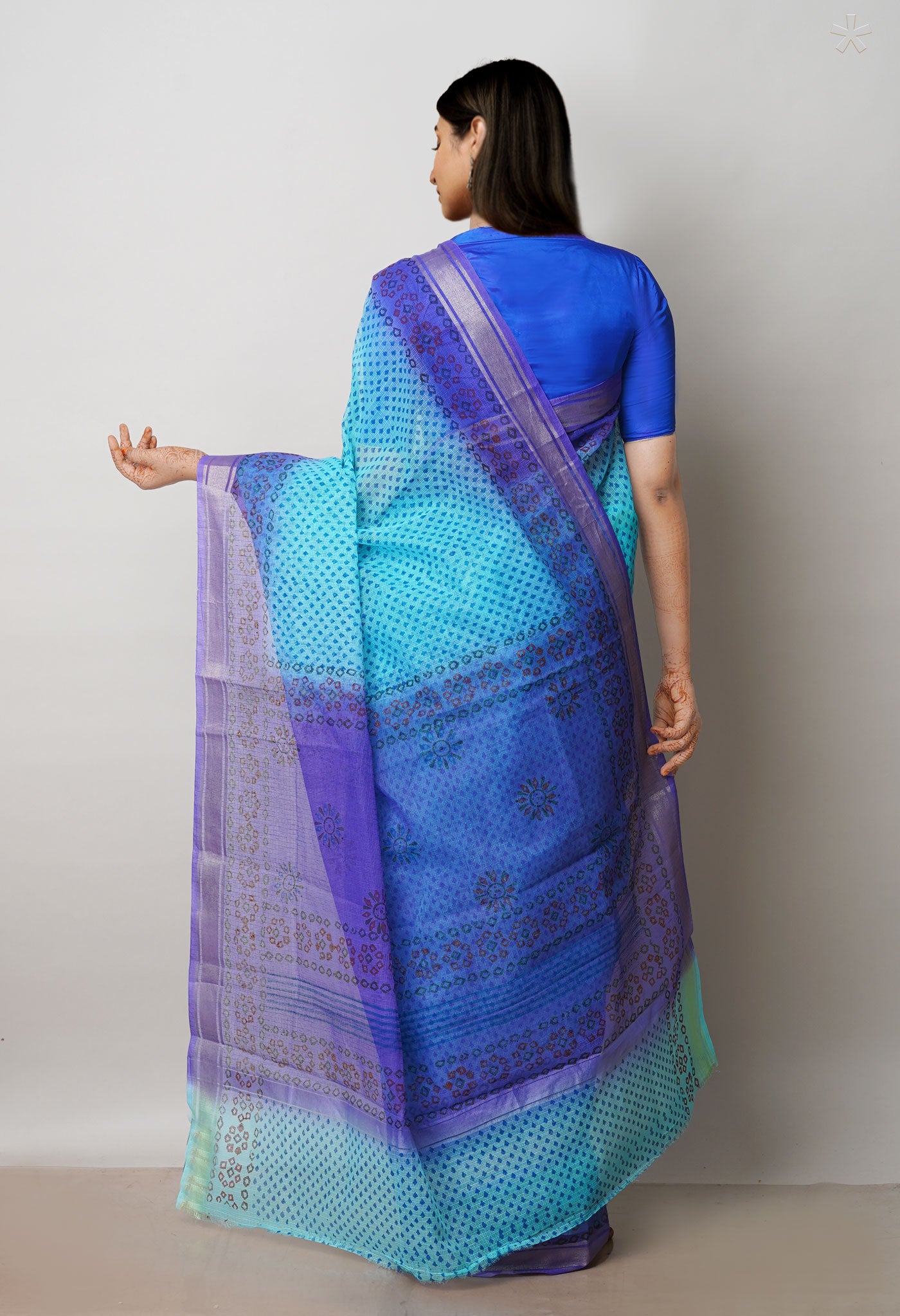 Blue Pure Dyed Printed Kota Cotton Saree-UNM72538