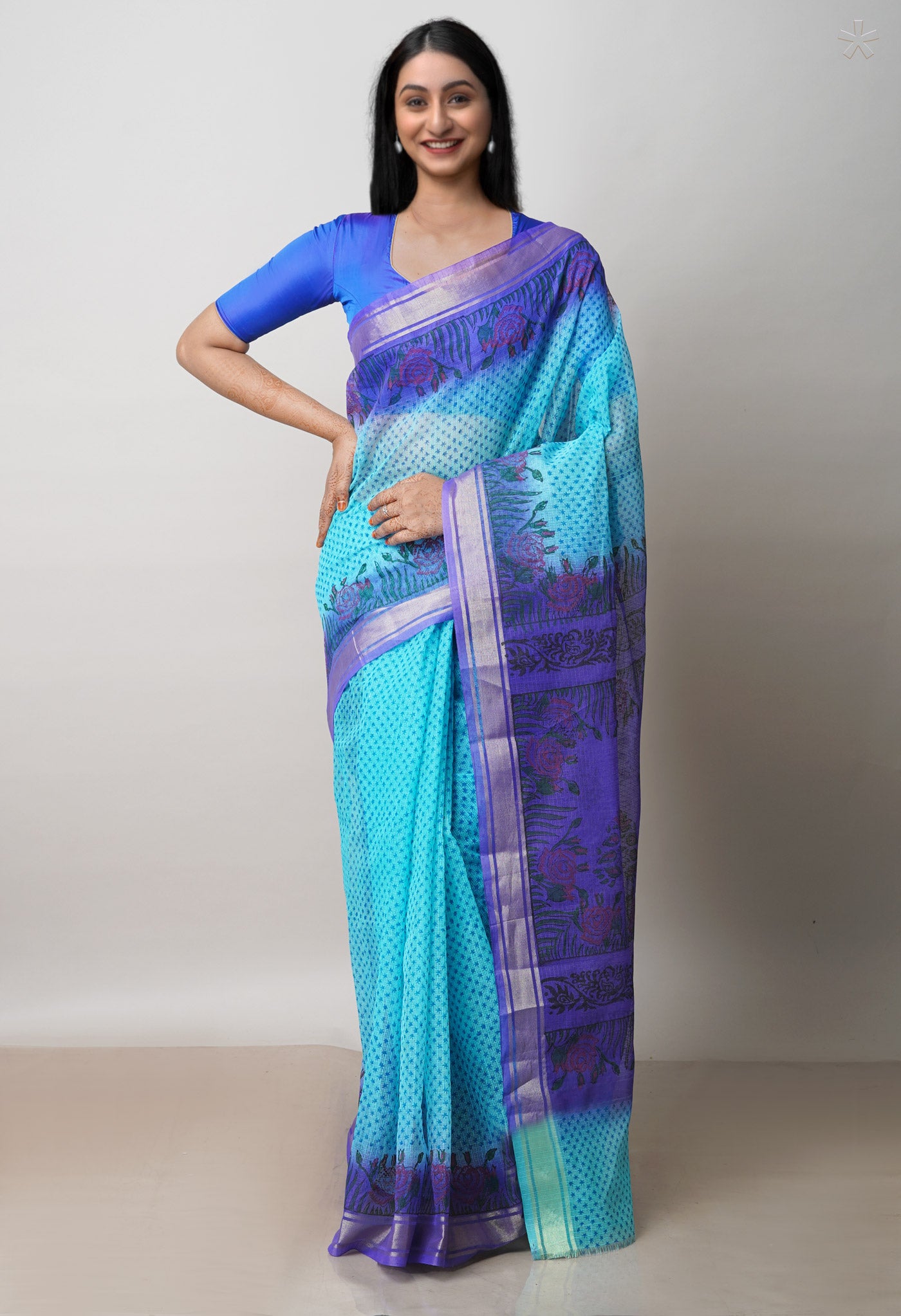 Blue Pure Dyed Printed Kota Cotton Saree-UNM72539
