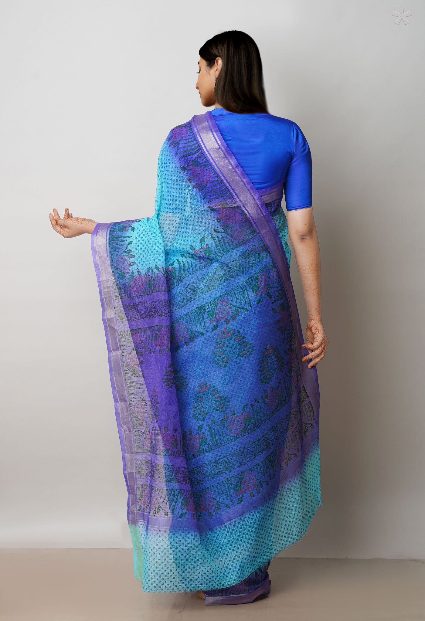 Blue Pure Dyed Printed Kota Cotton Saree-UNM72539