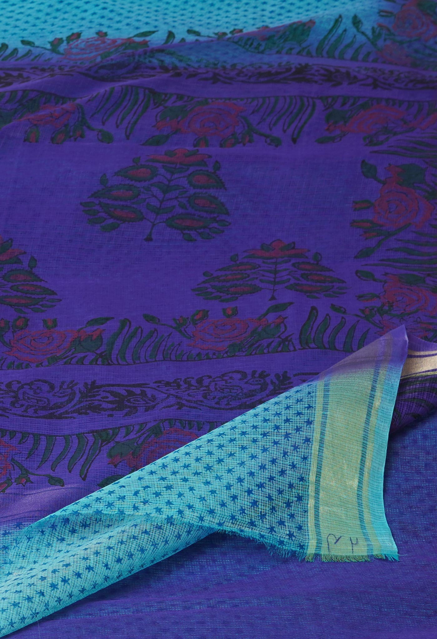 Blue Pure Dyed Printed Kota Cotton Saree-UNM72539