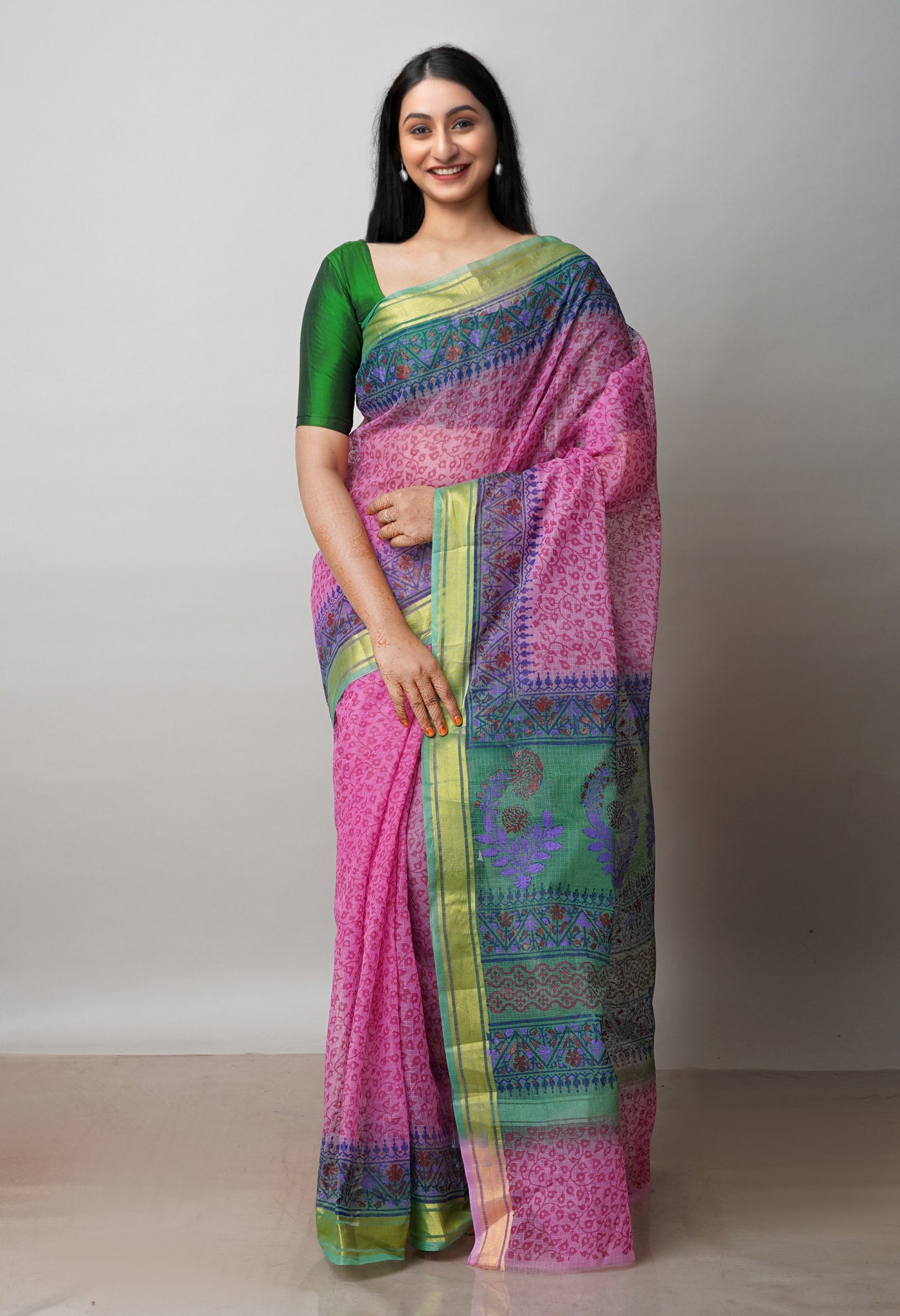 Pink Pure Dyed Printed Kota Cotton Saree-UNM72546