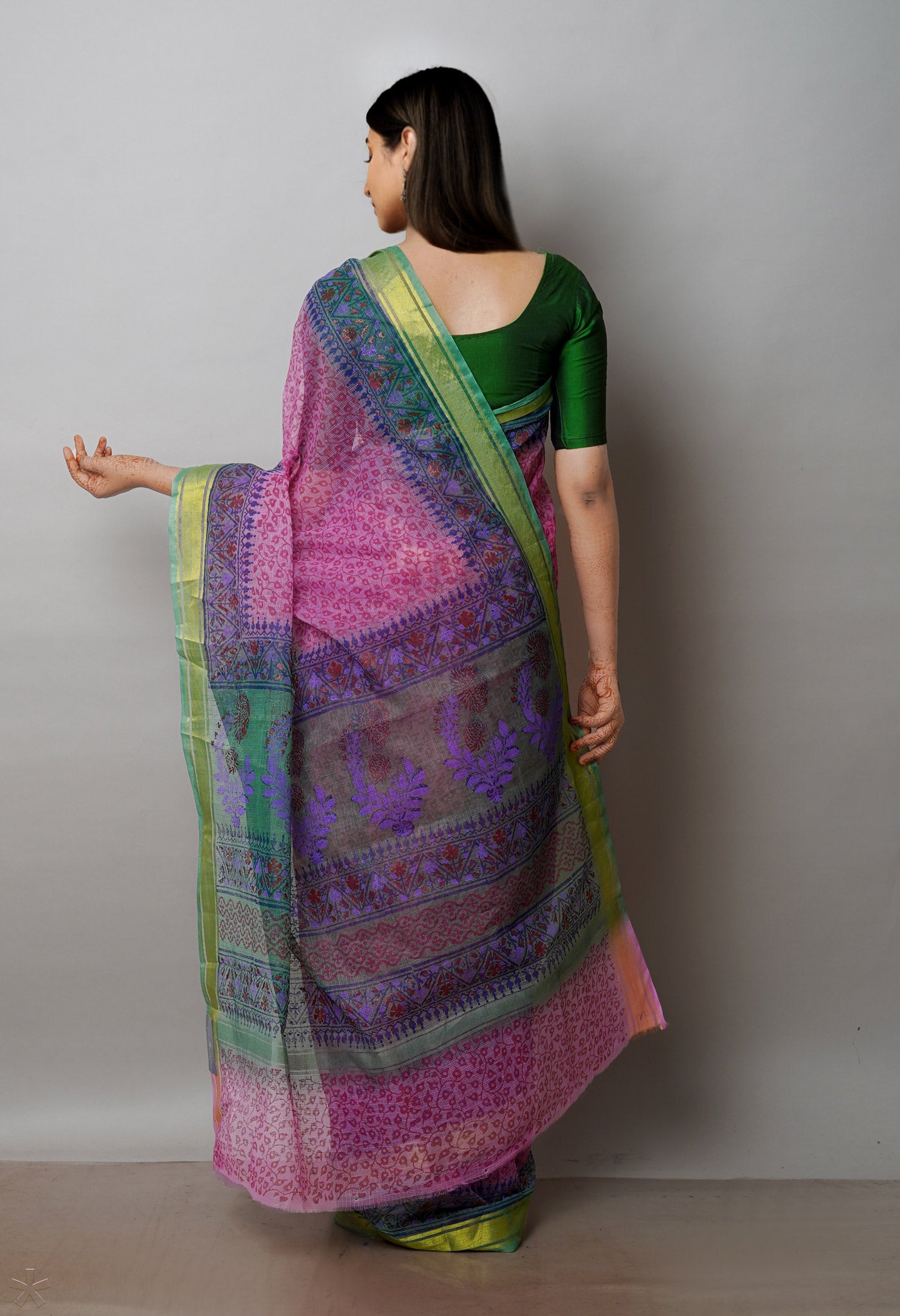 Pink Pure Dyed Printed Kota Cotton Saree-UNM72546