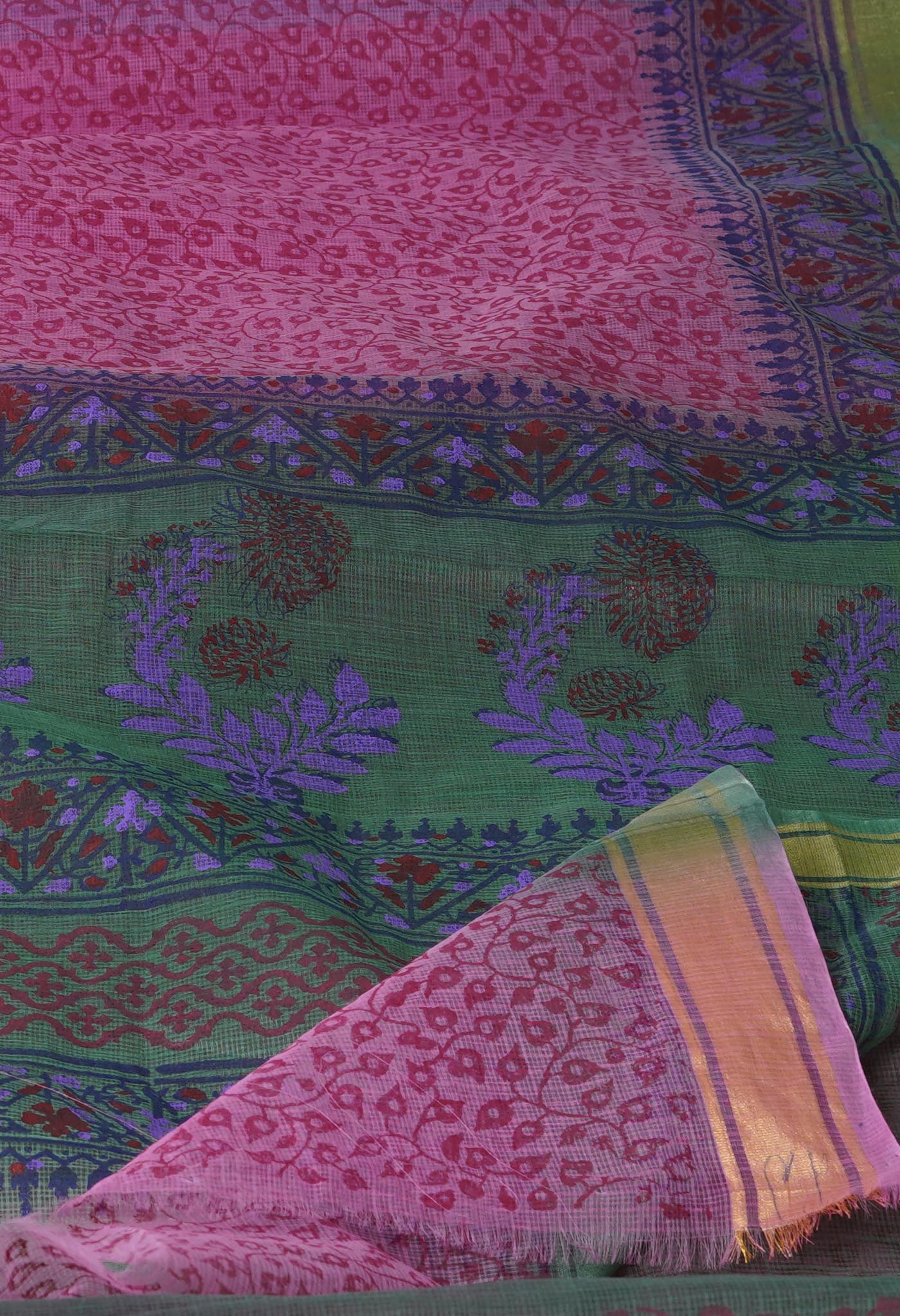 Pink Pure Dyed Printed Kota Cotton Saree-UNM72546